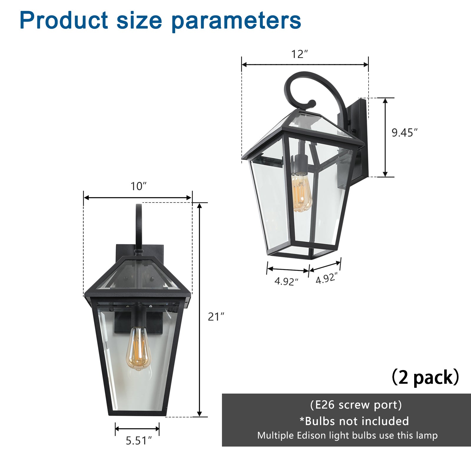 Modern Outdoor Waterproof Wall Lamp Supports Multiple Types Of Light Bulbs 2Pack Black Traditional Glass