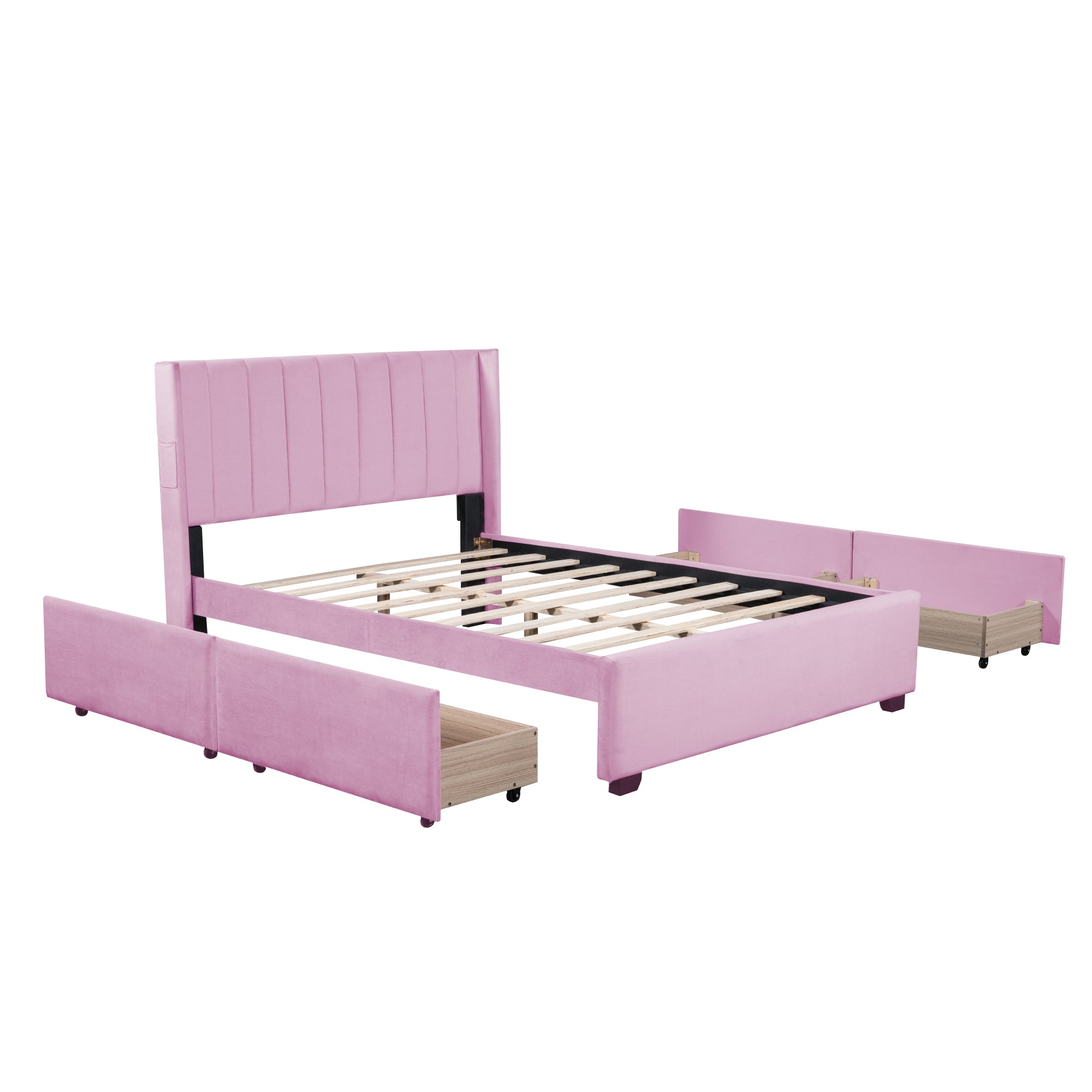 Full Size Upholstered Bed with 4 Drawers, Pink pink-velvet