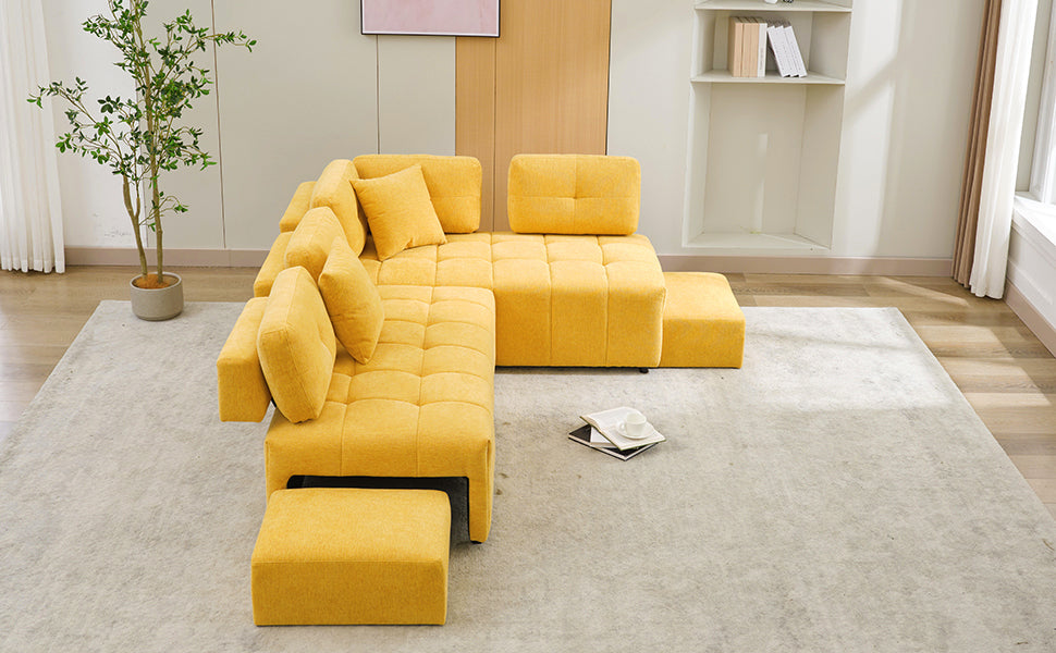 91.73" L Shaped Sofa Sectional Sofa Couch With 2 Stools And 2 Lumbar Pillows For Living Room, Yellow Yellow Chenille