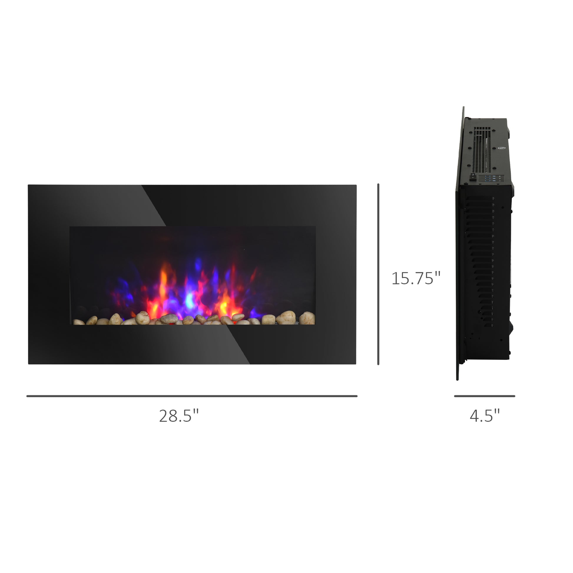 28.5" 1500W Electric Wall Mounted Fireplace With Flame Effect, 7 Color Background Light, Black Black Tempered Glass