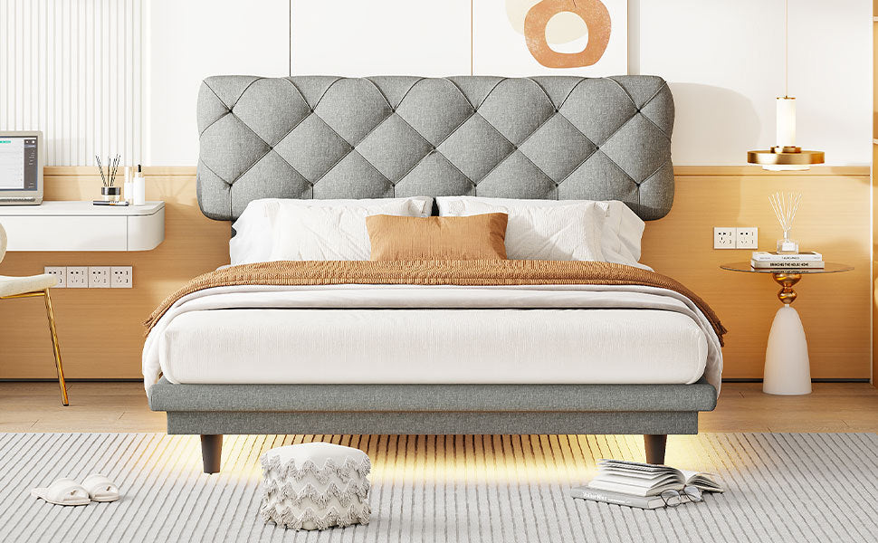 Full Size Upholstered Bed with Light Stripe, Floating full-gray-linen