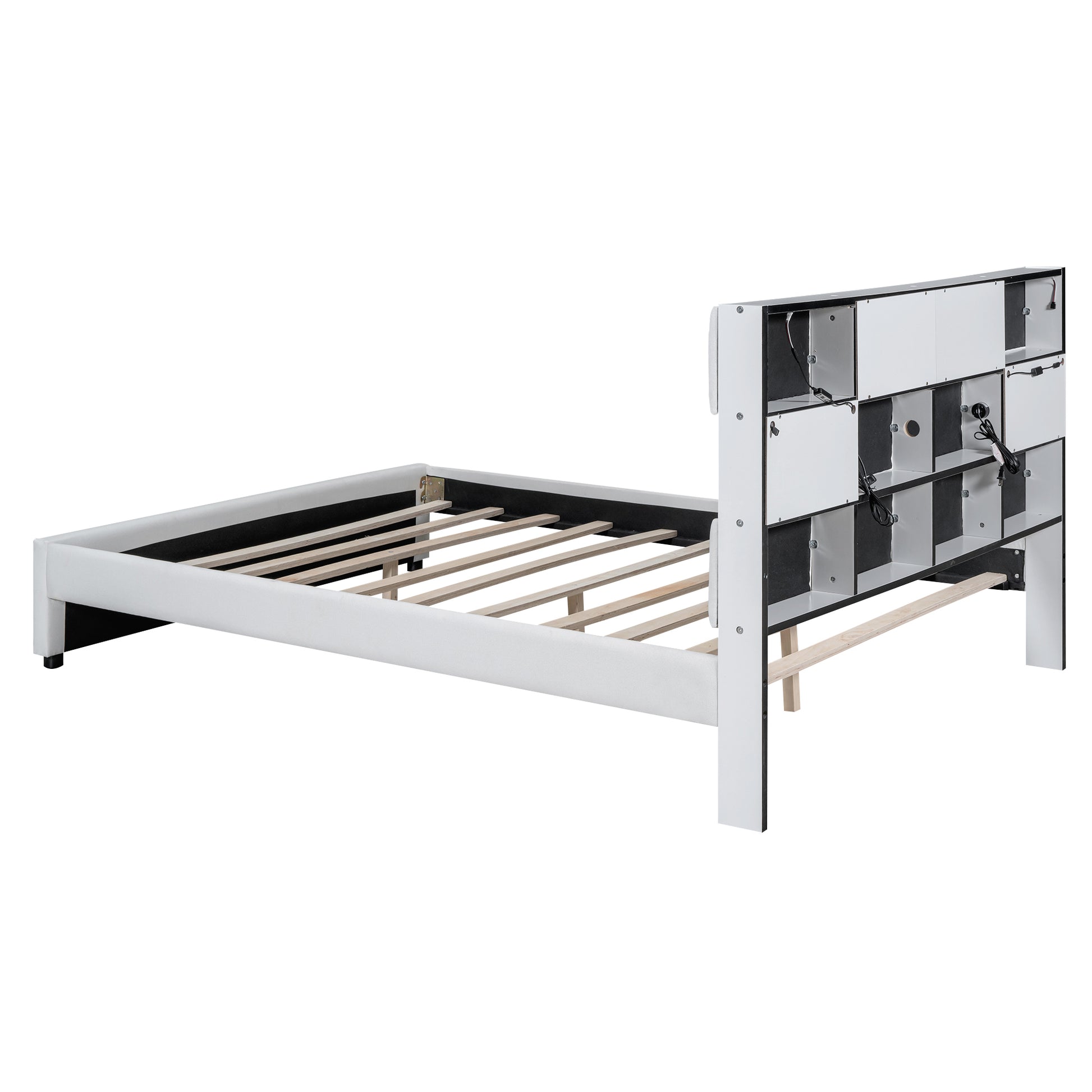 Queen Size Upholstered Platform Bed With Led, Storage And Usb, Beige Box Spring Not Required Queen Beige Wood Bedroom Solid Wood Mdf