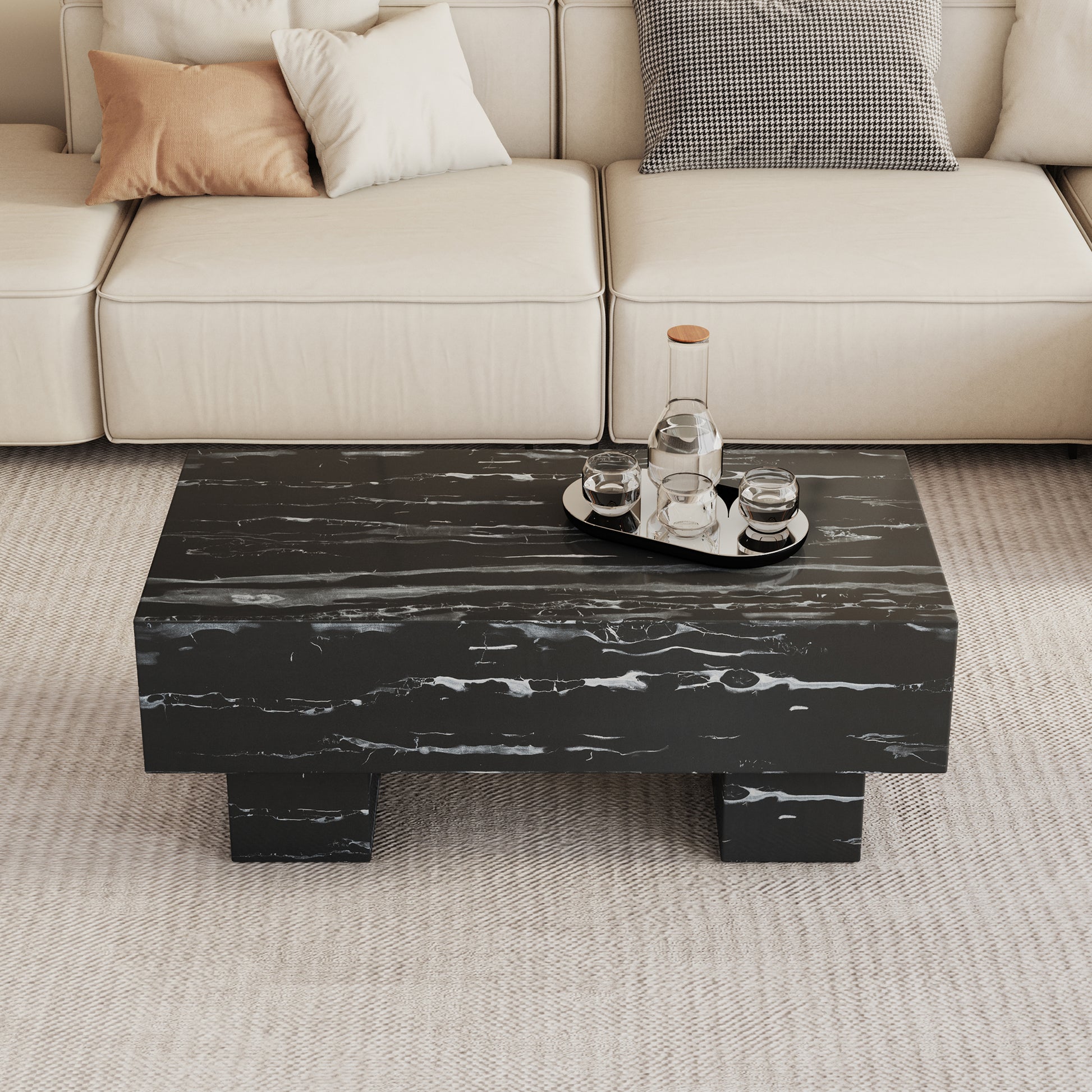 The Black Coffee Table Has Patterns. Modern Rectangular Table, Suitable For Living Rooms And Apartments. 43.3"*21.6"*17.2" Black Mdf