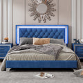 Queen Size Upholstered Bed Frame With Led Lights,Modern Velvet Platform Bed With Tufted Headboard,Blue Blue Velvet