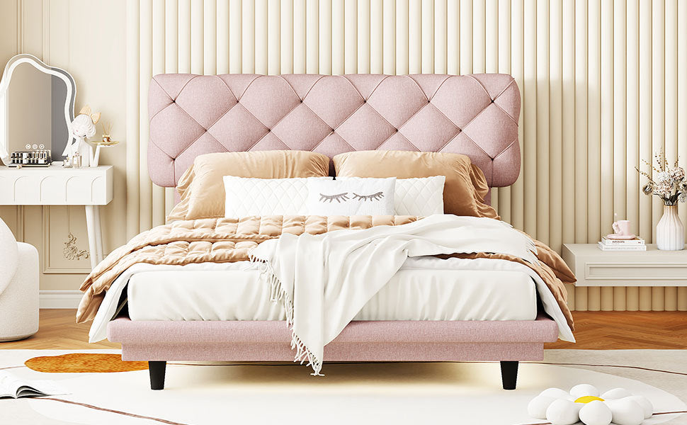 Full Size Upholstered Bed With Light Stripe, Floating Platform Bed, Linen Fabric,Pink Full Pink Linen