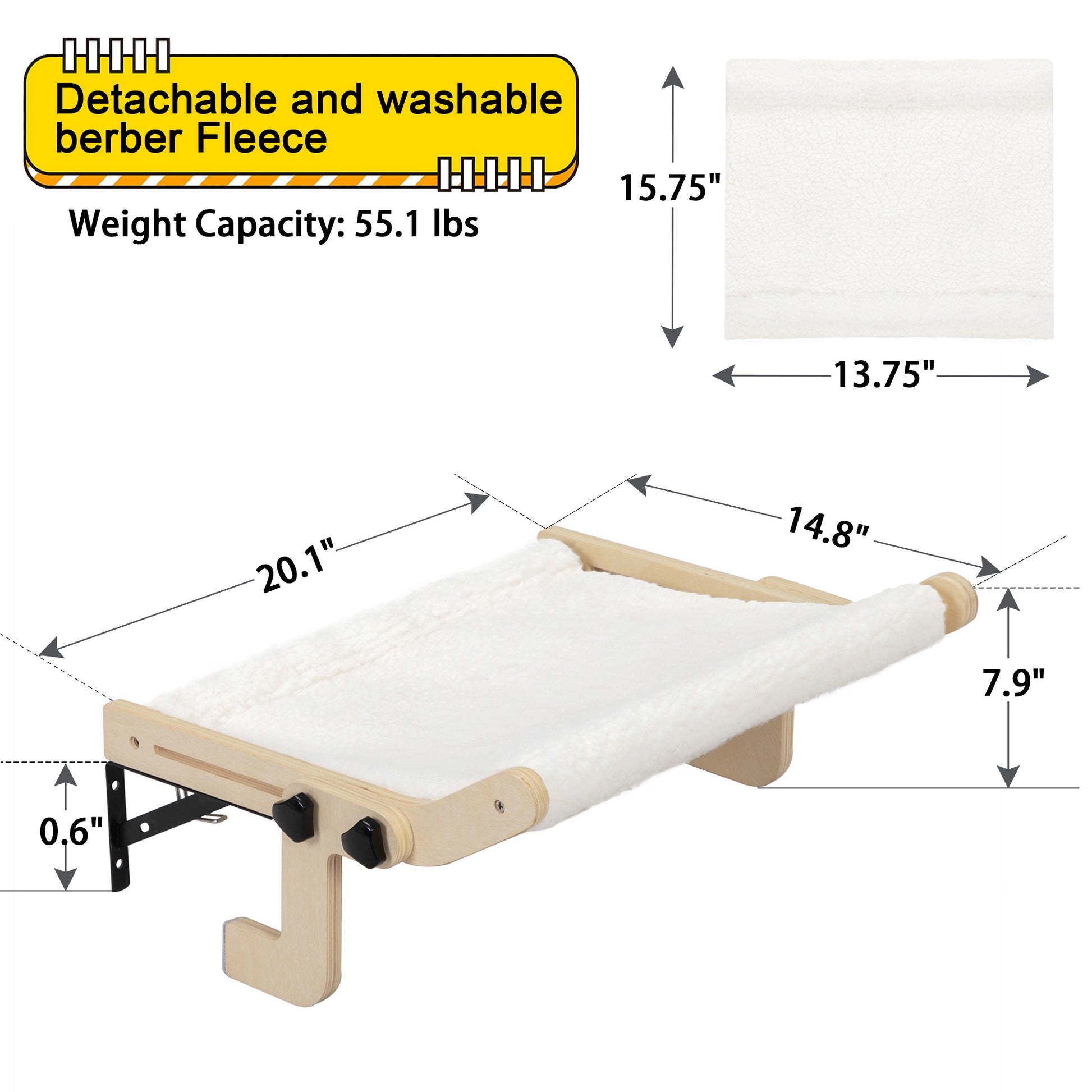 Cat Window Perch For Indoor Cats, Plush Cat Hammock, Window Seat Bed Shelf No Drilling No Suction Cup, Wood Natural Wood