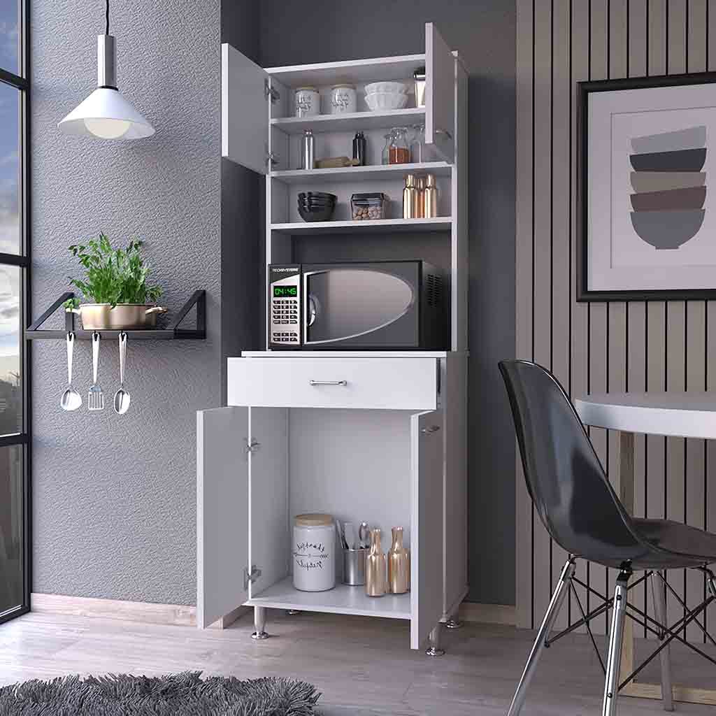 Bay Area Pantry, Two Door Cabinets, One Drawer, Four Adjustable Metal Legs White Mdf Engineered Wood