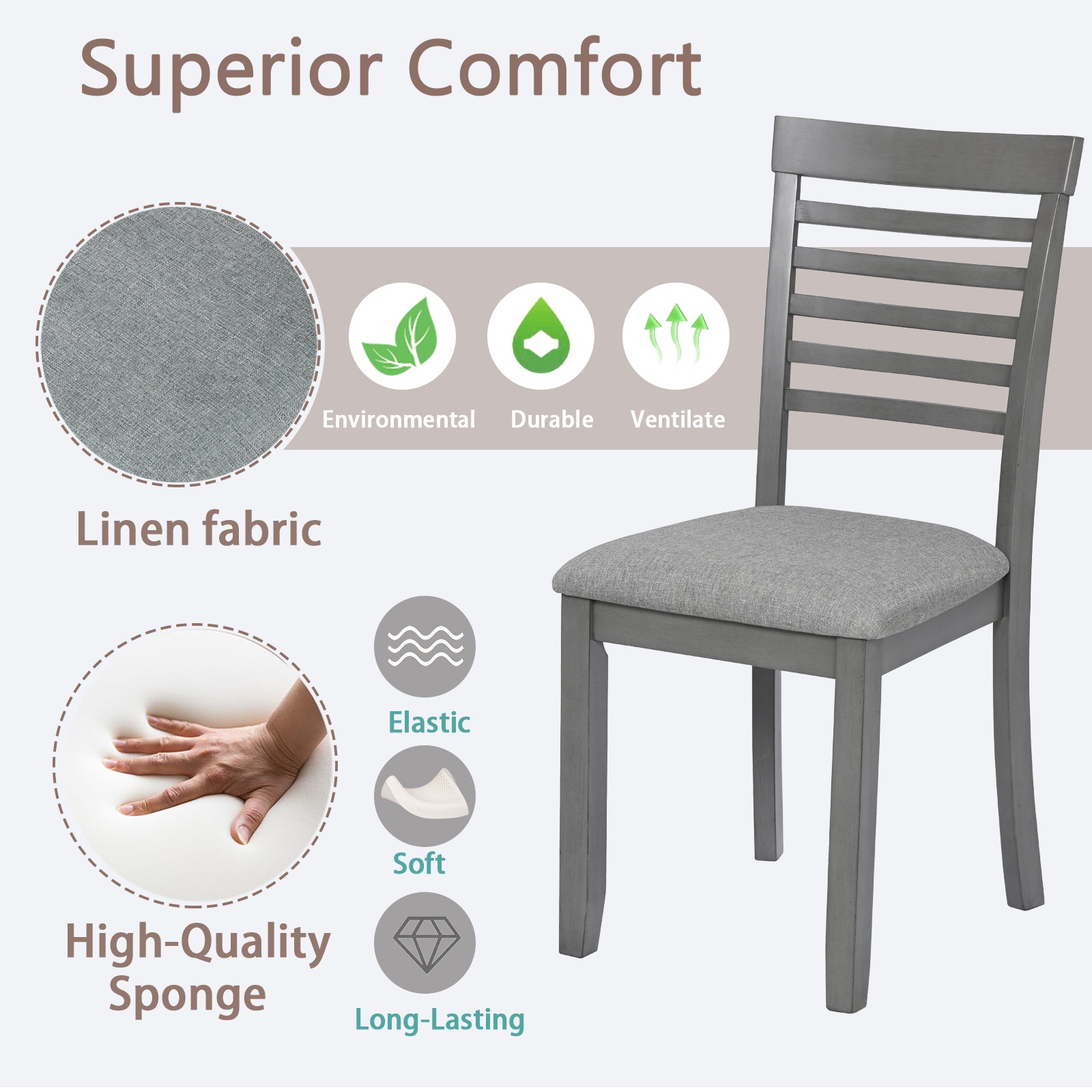 Wooden Dining Chairs Set Of 4, Kitchen Chair With Padded Seat, Upholstered Side Chair For Dining Room, Living Room, Gray Gray Dining Room Rubberwood Rubber Wood