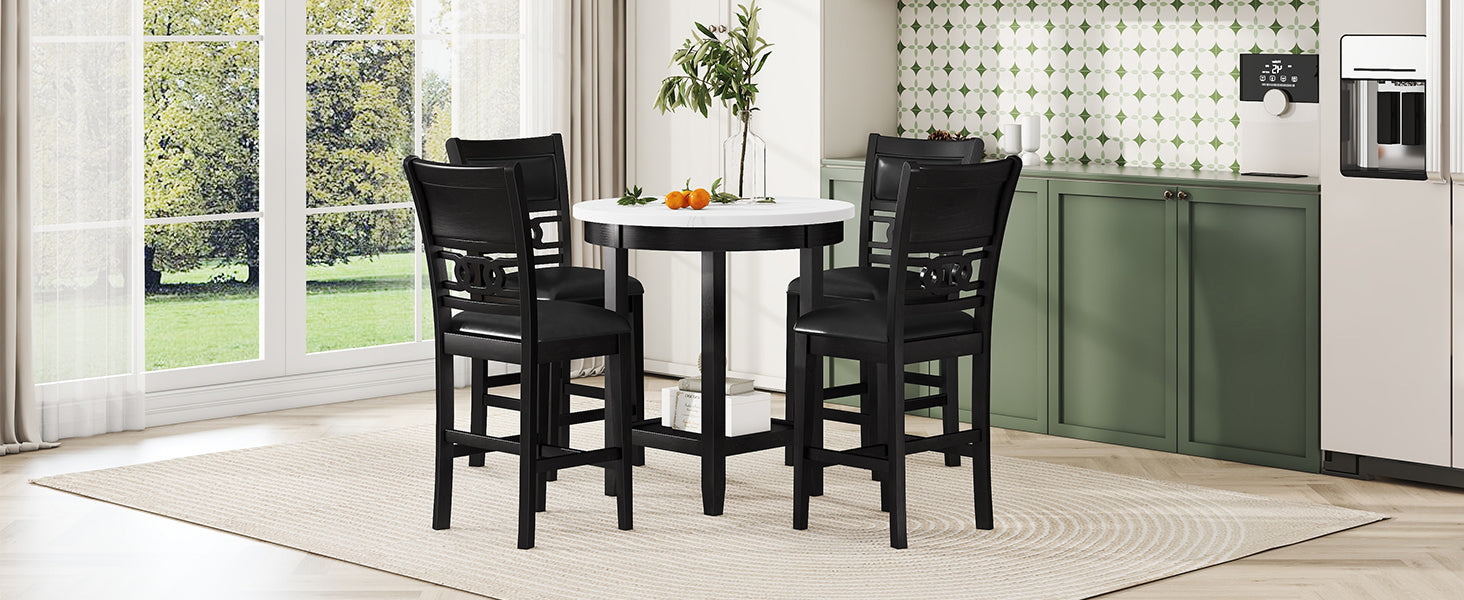 5 Piece Counter Height Dining Round Table Set With One Faux Marble Top Dining Table And Four Pu Leather Chairs,Dark Espresso Espresso Mdf