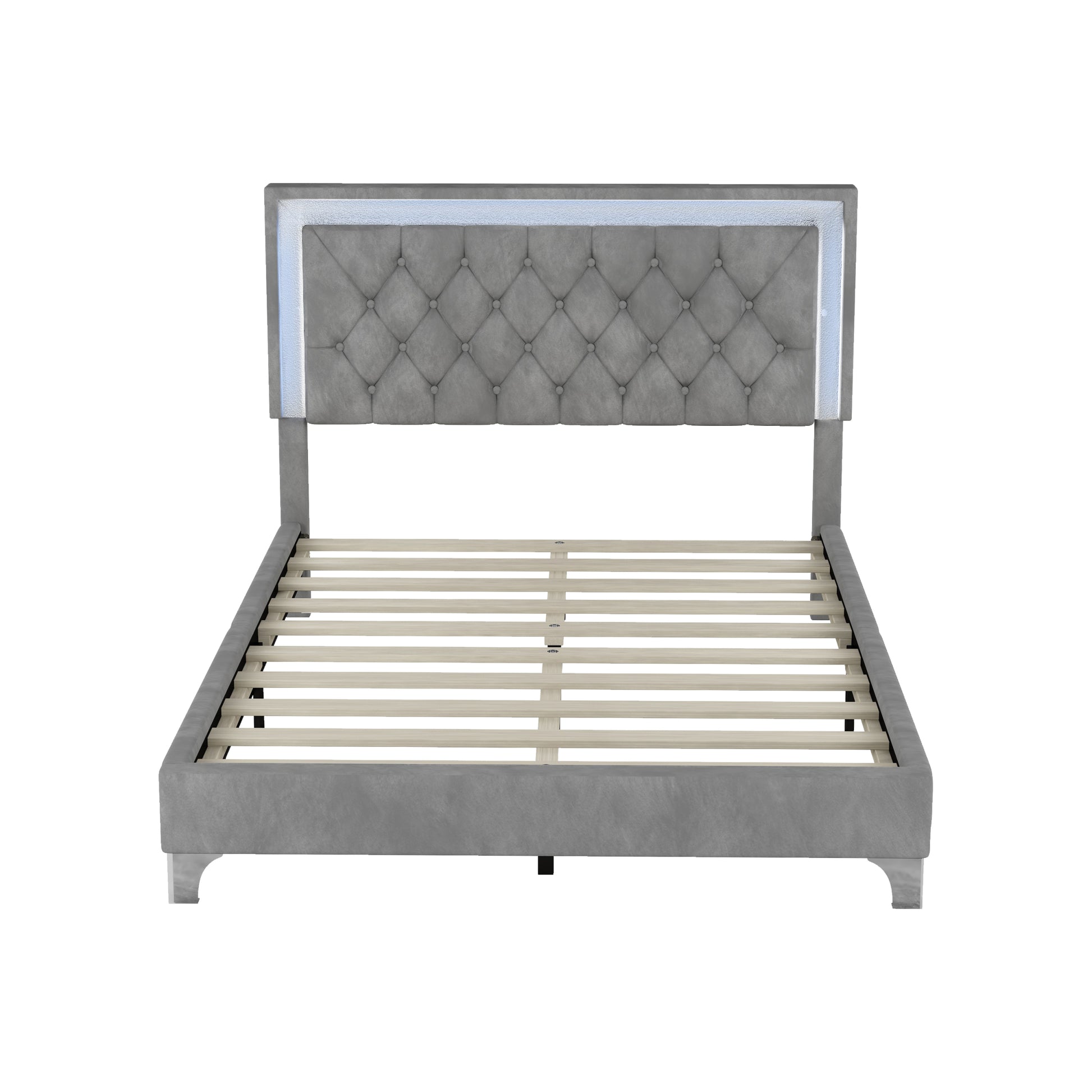 Full Size Upholstered Bed Frame With Led Lights,Modern Velvet Platform Bed With Tufted Headboard,Gray Gray Velvet