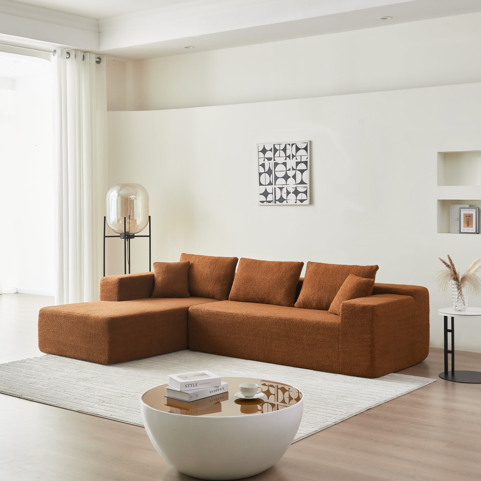 104.33" Sponge Sectional Sofa Couch For Living Room, L Shaped Modern Lamb Modular High Density Sponge Floor Sofa, Sherpa Fabric Sofa Couch With Chaise Lounge, Upholstered Corner Cloud Couch, Orange Orange Primary Living Space Pillow Back Square Arms Foam