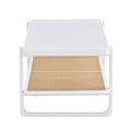 Modern Minimalist White Double Layered Solid Wood Coffee Table. Glass Tabletop, Imitation Rattan Edge Table. Rectangular Table Suitable For Living Room, Dining Room, And Bedroom White Wood