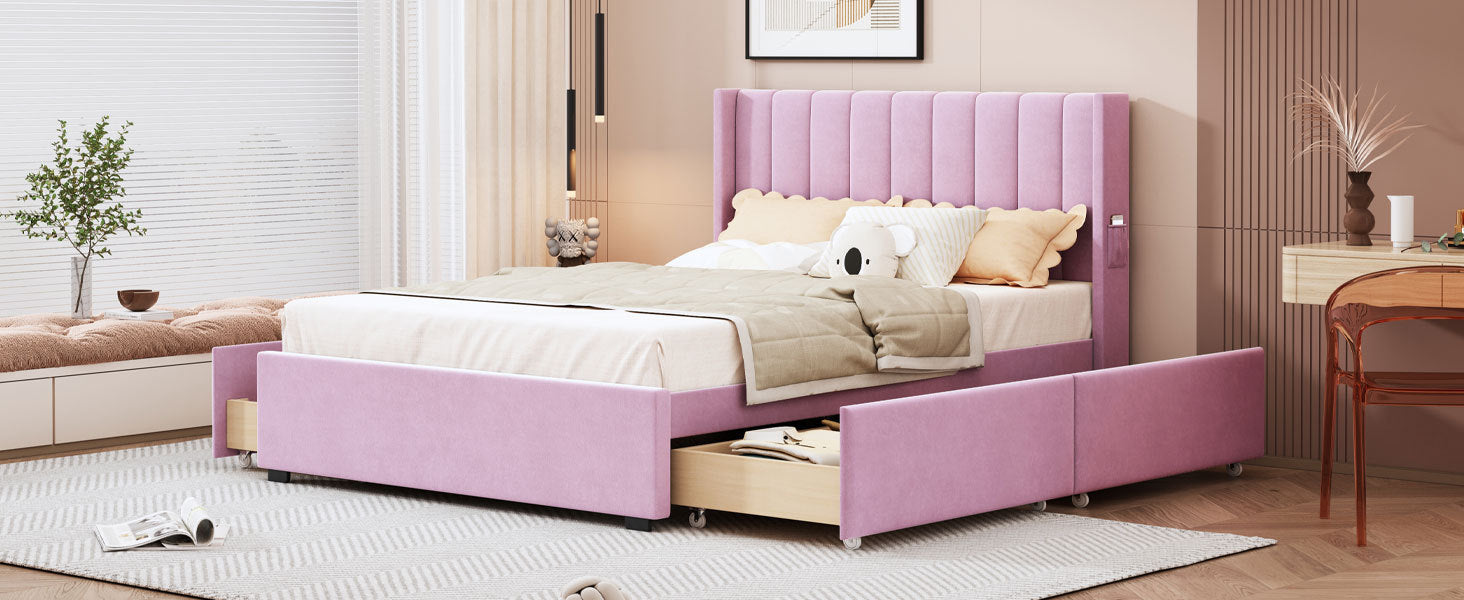 Full Size Upholstered Bed with 4 Drawers, Pink pink-velvet