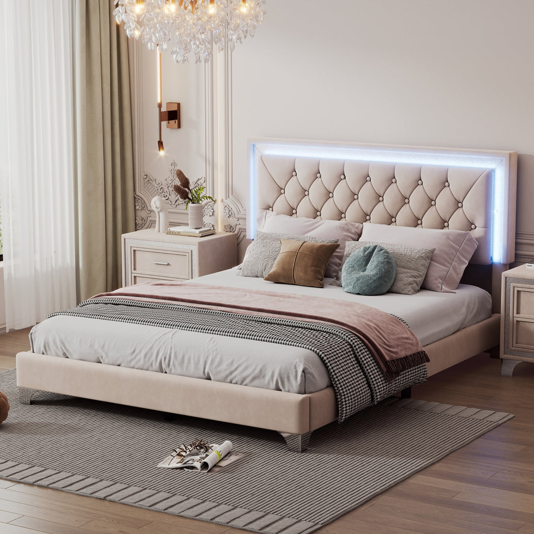 Queen Size Upholstered Bed Frame With Led Lights,Modern Velvet Platform Bed With Tufted Headboard,Beige Beige Velvet