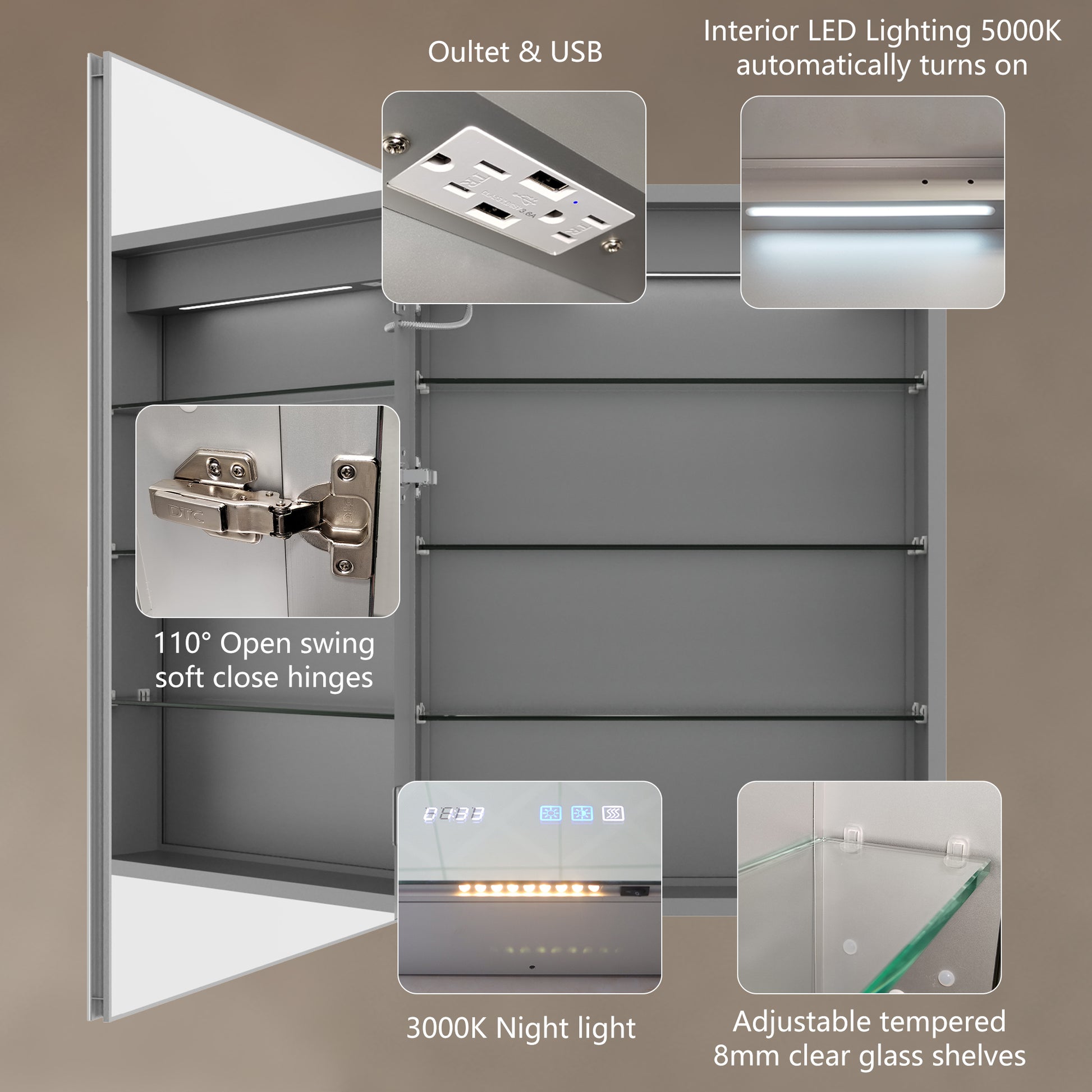 Lighted Medicine Cabinet 24 X 32 Inch, Recessed Or Surface Led Medicine Cabinet, Clock, Room Temp Display,Defog,Night Light,Stepless Dimming,3000K 6400K, Outlets & Usbs,Hinge On The Left. Silver Aluminium