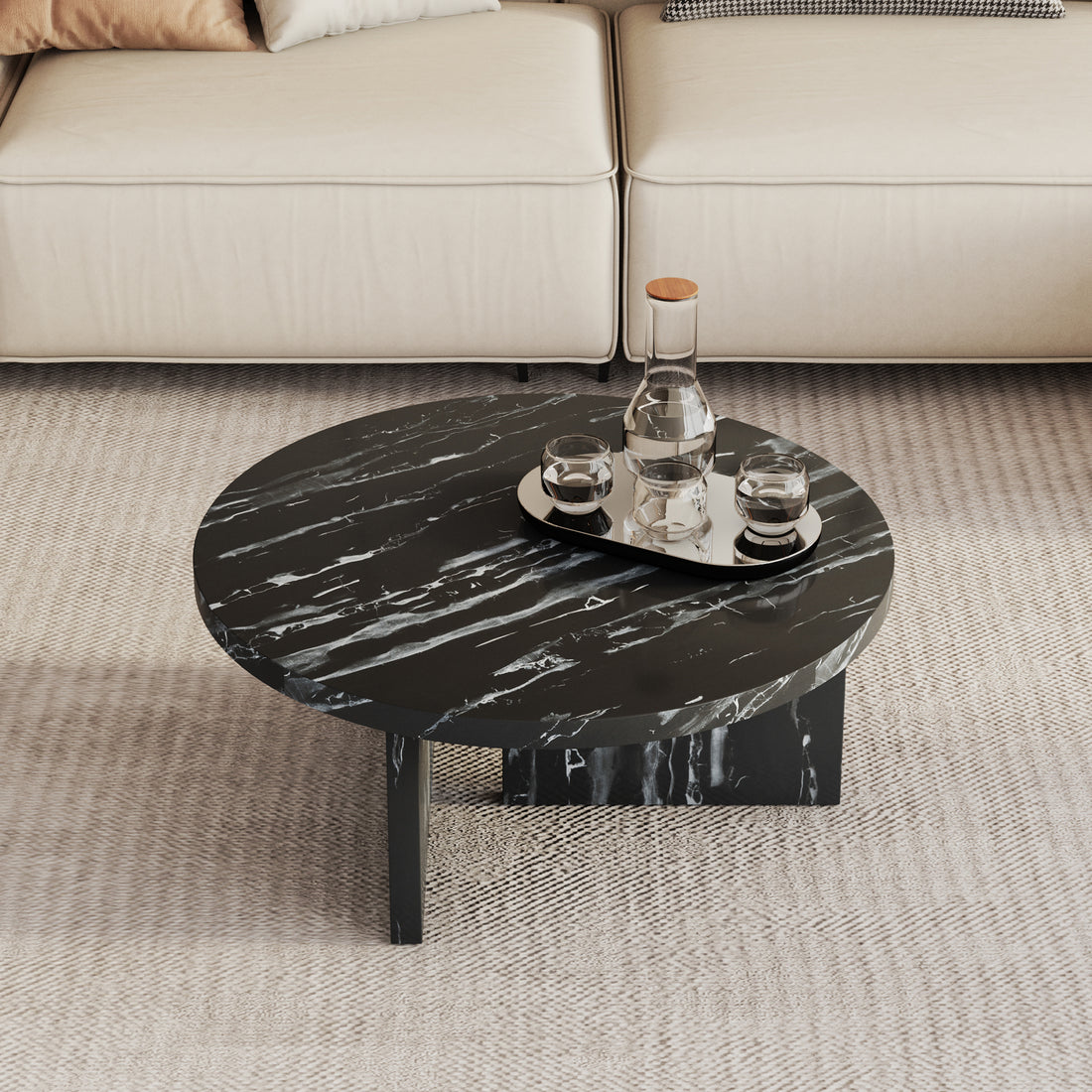 Black Mdf Material Circular Coffee Table With Texture, 31.4 Inch Black Middle Table, Modern Tea Table, Suitable For Small Spaces, Living Room. Black Mdf