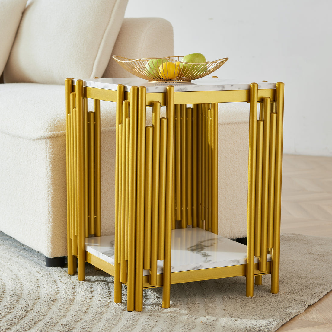 2 Tier Side Table, Faur Marbling End Table, Narrow Side Table With Storage Shelves, Modern Design Beside Table, Wood Nightstand For Living Room, Bedroom, And Office, Easy To Assembly, Gold Gold Primary Living Space Modern Square Open Storage Coffee & End