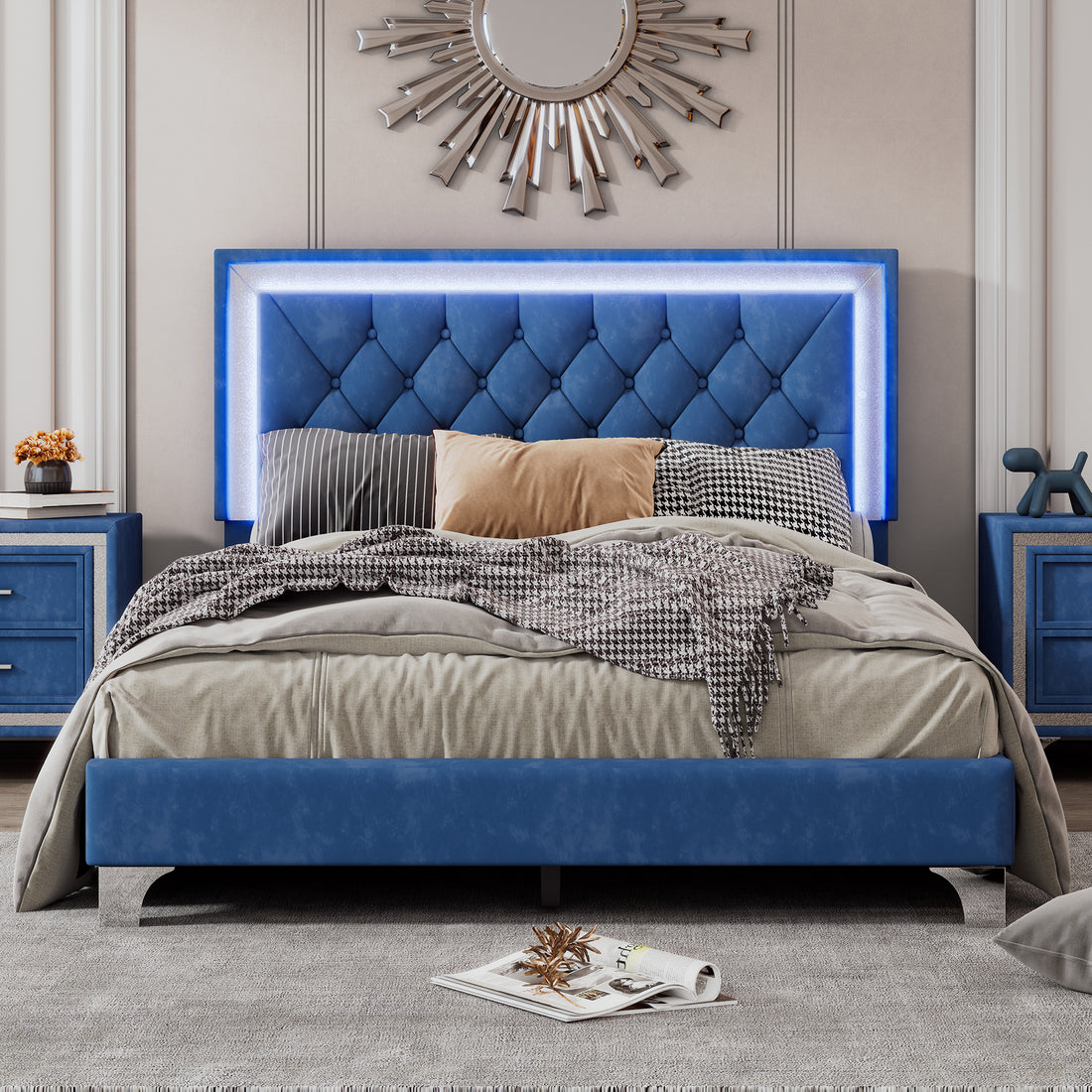 Full Size Upholstered Bed Frame With Led Lights,Modern Velvet Platform Bed With Tufted Headboard,Blue Blue Velvet