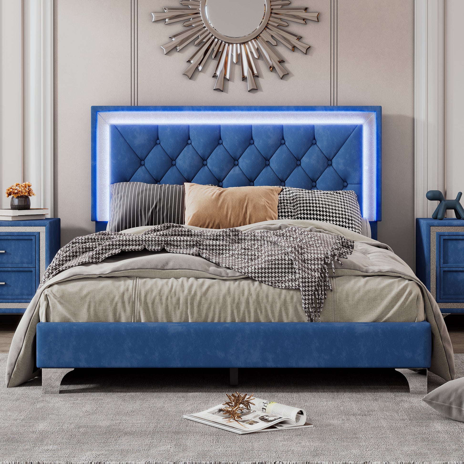 Full Size Upholstered Bed Frame With Led Lights,Modern Velvet Platform Bed With Tufted Headboard,Blue Blue Velvet