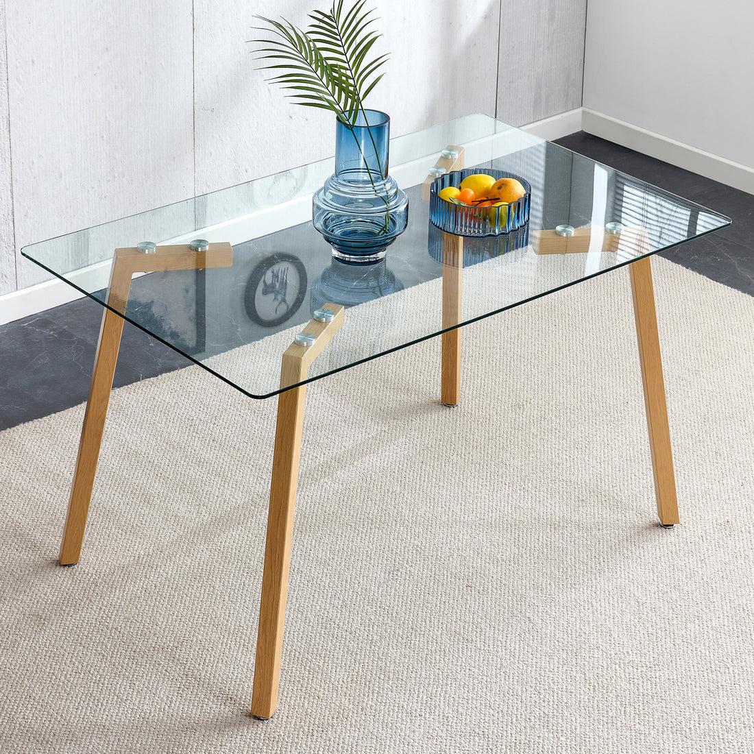 Glass Dining Table Modern Minimalist Rectangle, 4 6, 0.31 "Tempered Glass Tabletop With Wooden Coated Metal Legs, Writing Desk, Suitable For Kitchens, Restaurants, And Living Rooms, 51" W X 31"D X 30" Transparent Glass