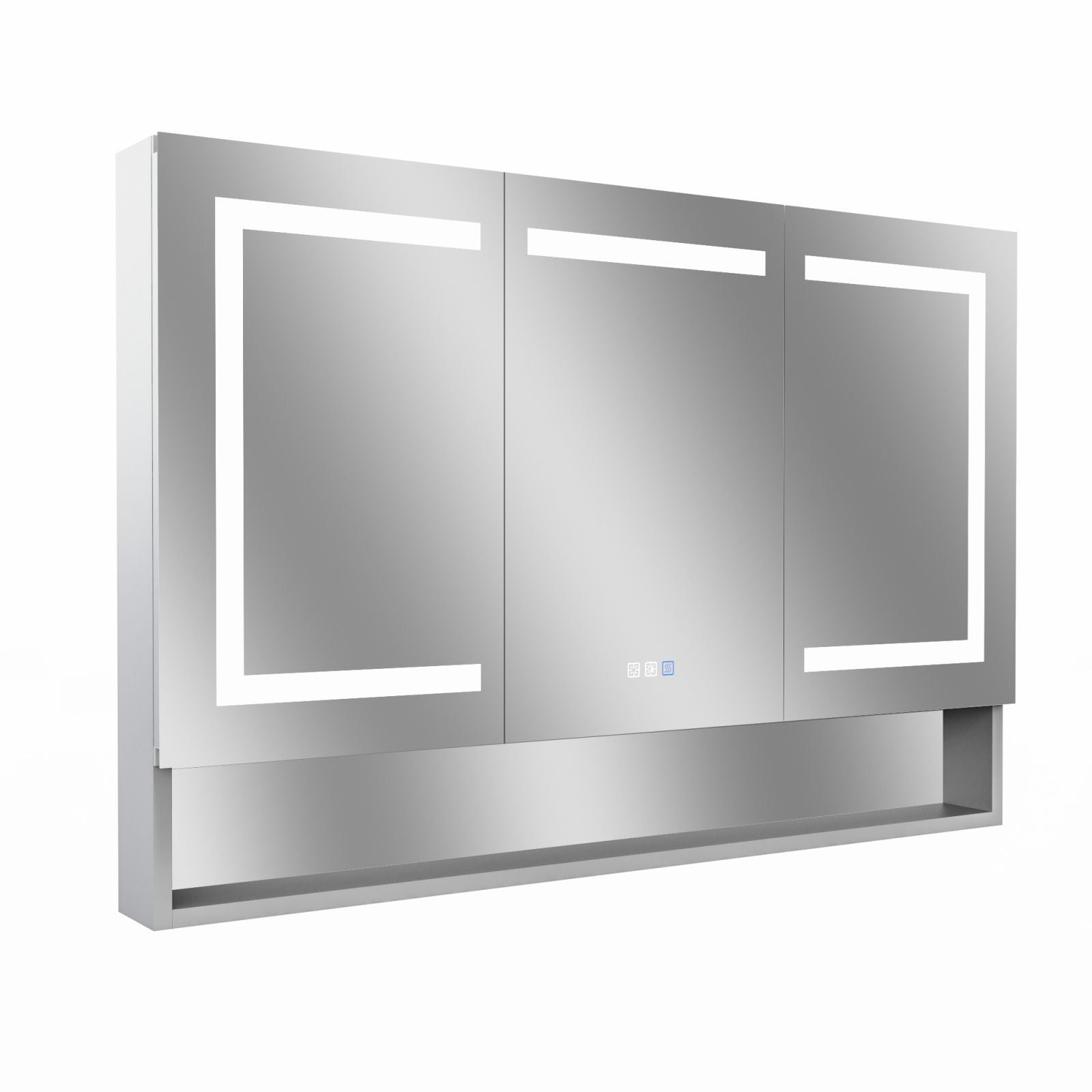 Lighted Medicine Cabinet 48 X 32 Inch, Recessed Or Surfaceclock, Room Temp Display,Defog,Night Light,Stepless Dimming,3000K 6400K, Outlets & Usbs,Double Sided Mirror.Silver External Storage Shelf. Silver Aluminium