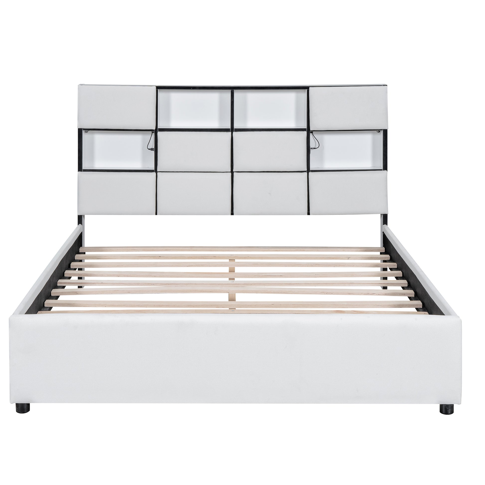 Queen Size Upholstered Platform Bed With Led, Storage And Usb, Beige Box Spring Not Required Queen Beige Wood Bedroom Solid Wood Mdf