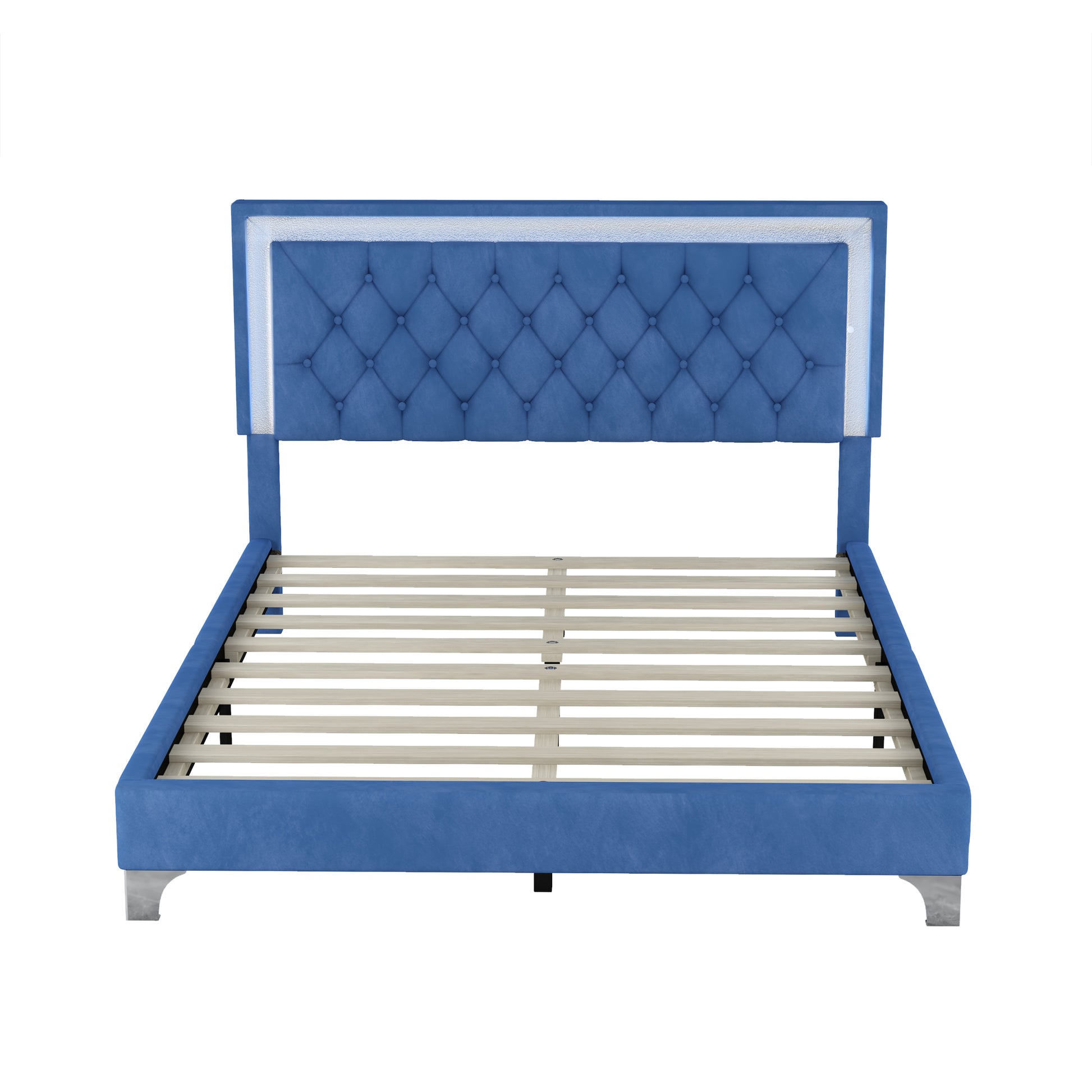 Queen Size Upholstered Bed Frame With Led Lights,Modern Velvet Platform Bed With Tufted Headboard,Blue Blue Velvet