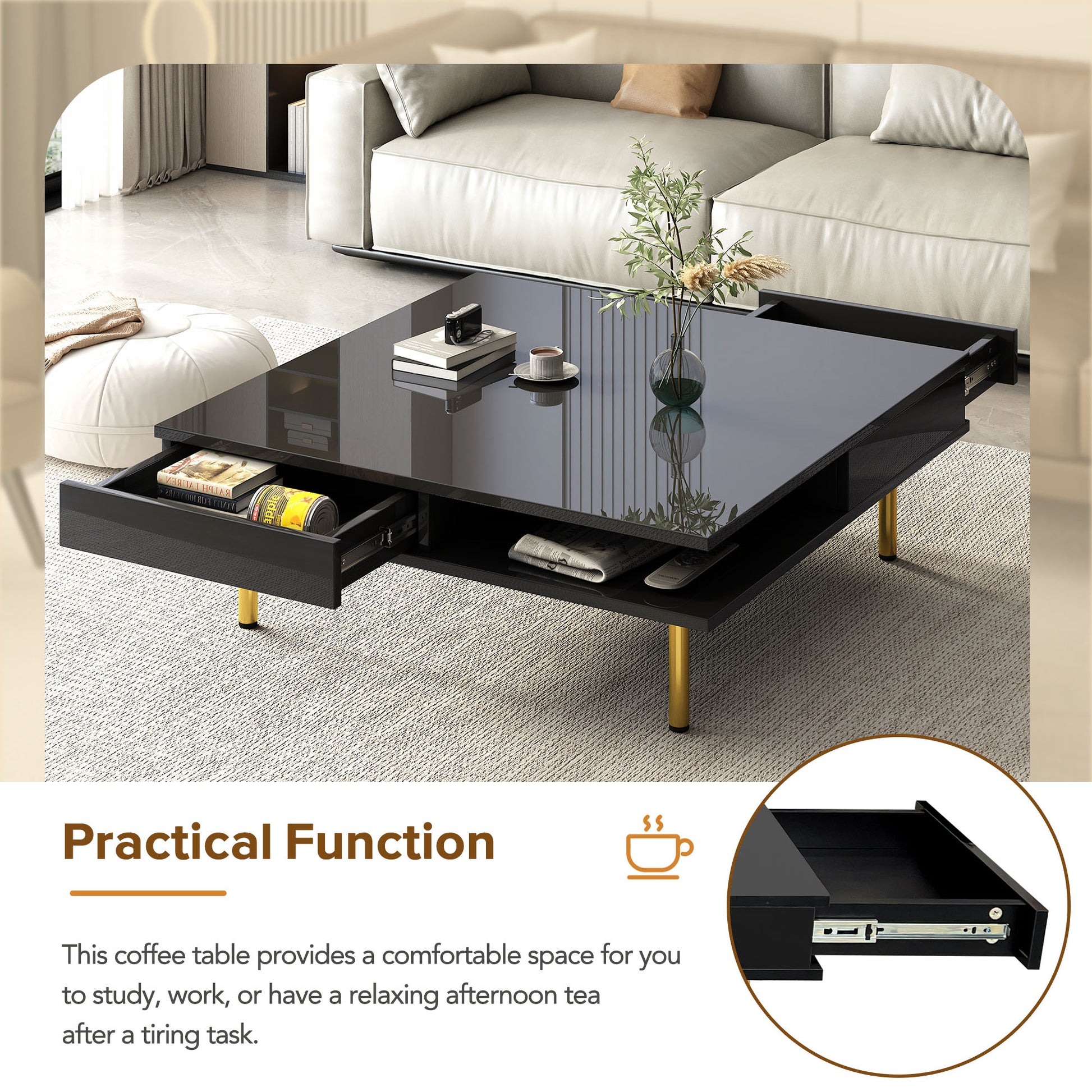 Exquisite High Gloss Coffee Table With 4 Golden Legs And 2 Small Drawers, 2 Tier Square Center Table For Living Room, Black Black Primary Living Space Particle Board