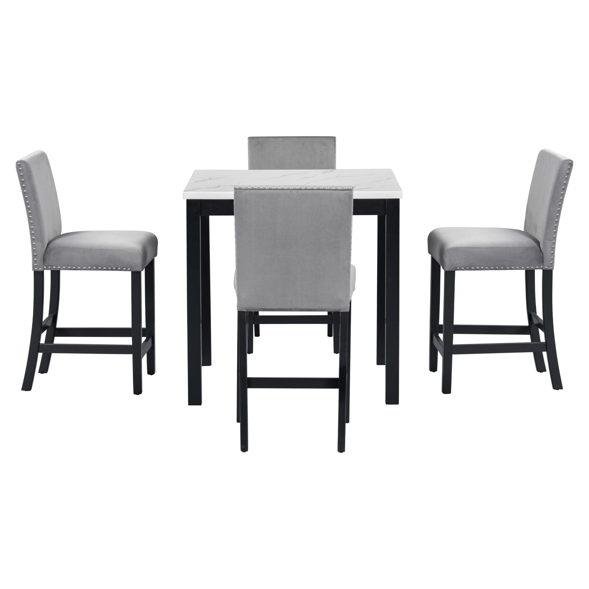 5 Piece Counter Height Dining Table Set With One Faux Marble Top Dining Table And Four Velvet Upholstered Chairs,Grey Grey Mdf