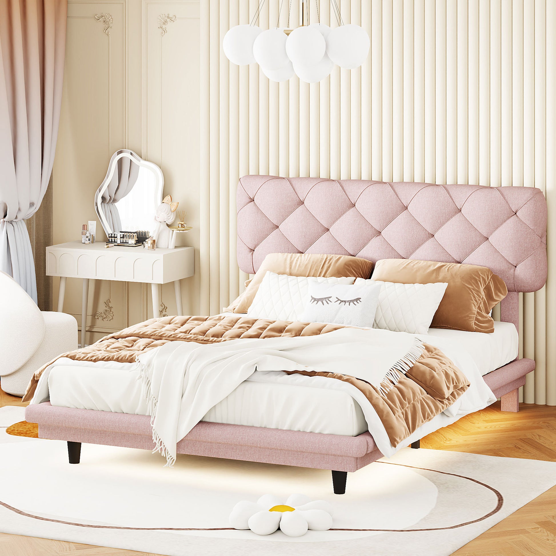 Full Size Upholstered Bed With Light Stripe, Floating Platform Bed, Linen Fabric,Pink Full Pink Linen