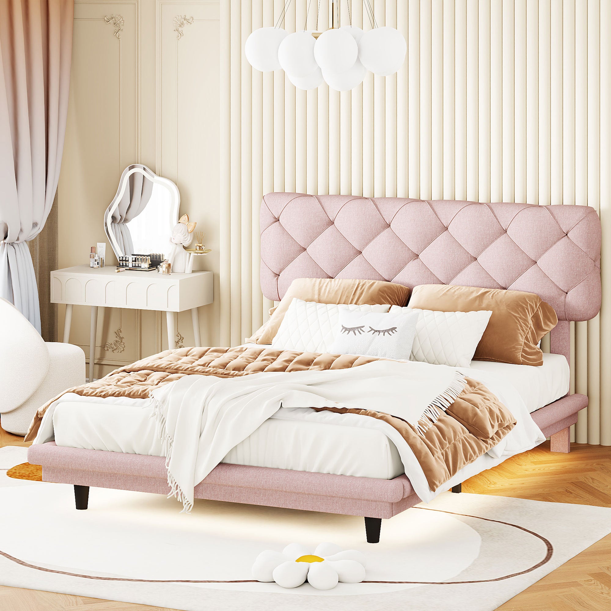 Full Size Upholstered Bed with Light Stripe, Floating full-pink-linen