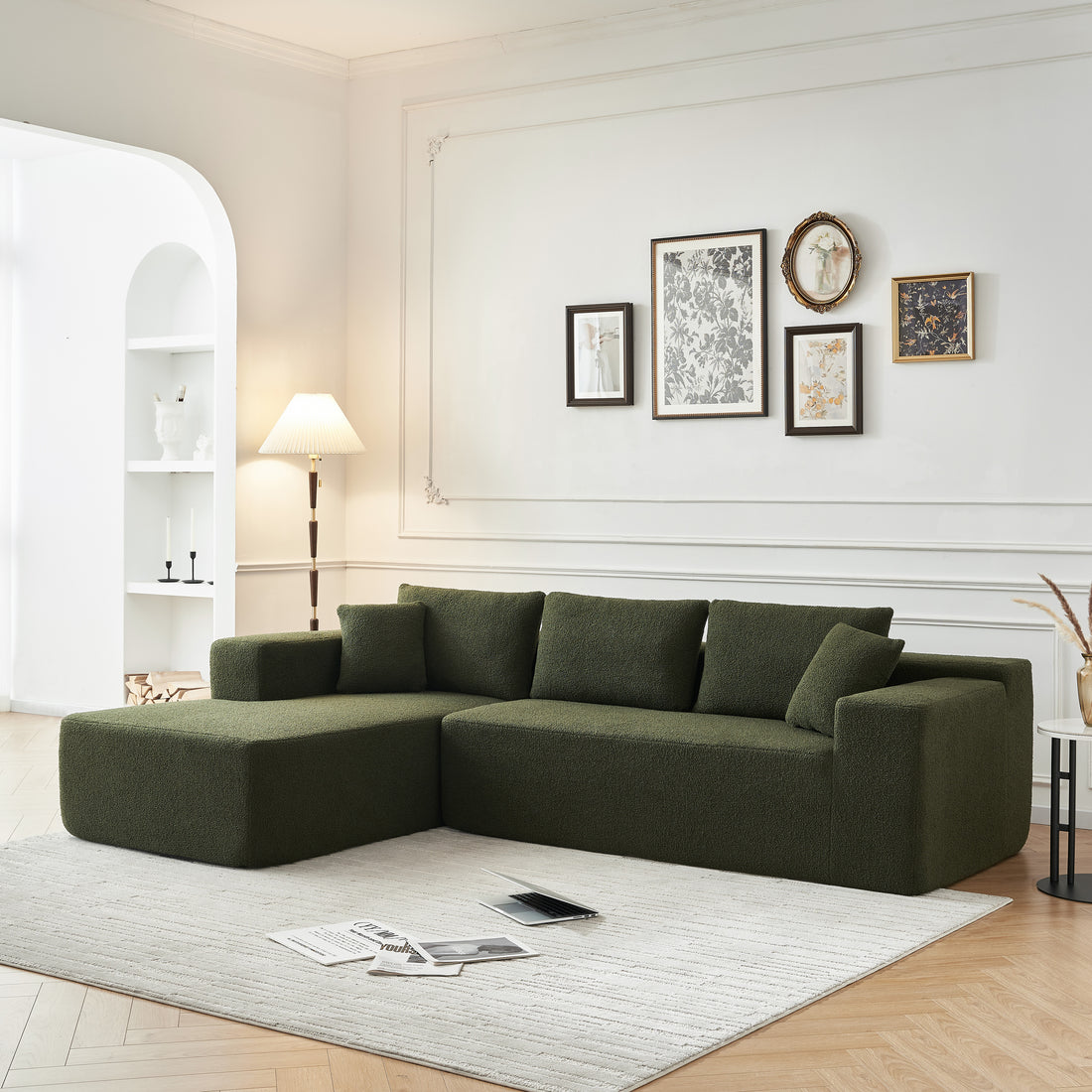 104.33" Sponge Sectional Sofa Couch For Living Room, L Shaped Modern Lamb Modular High Density Sponge Floor Sofa, Sherpa Fabric Sofa Couch With Chaise Lounge, Upholstered Corner Cloud Couch, Green Green Primary Living Space Soft Pillow Back Square Arms