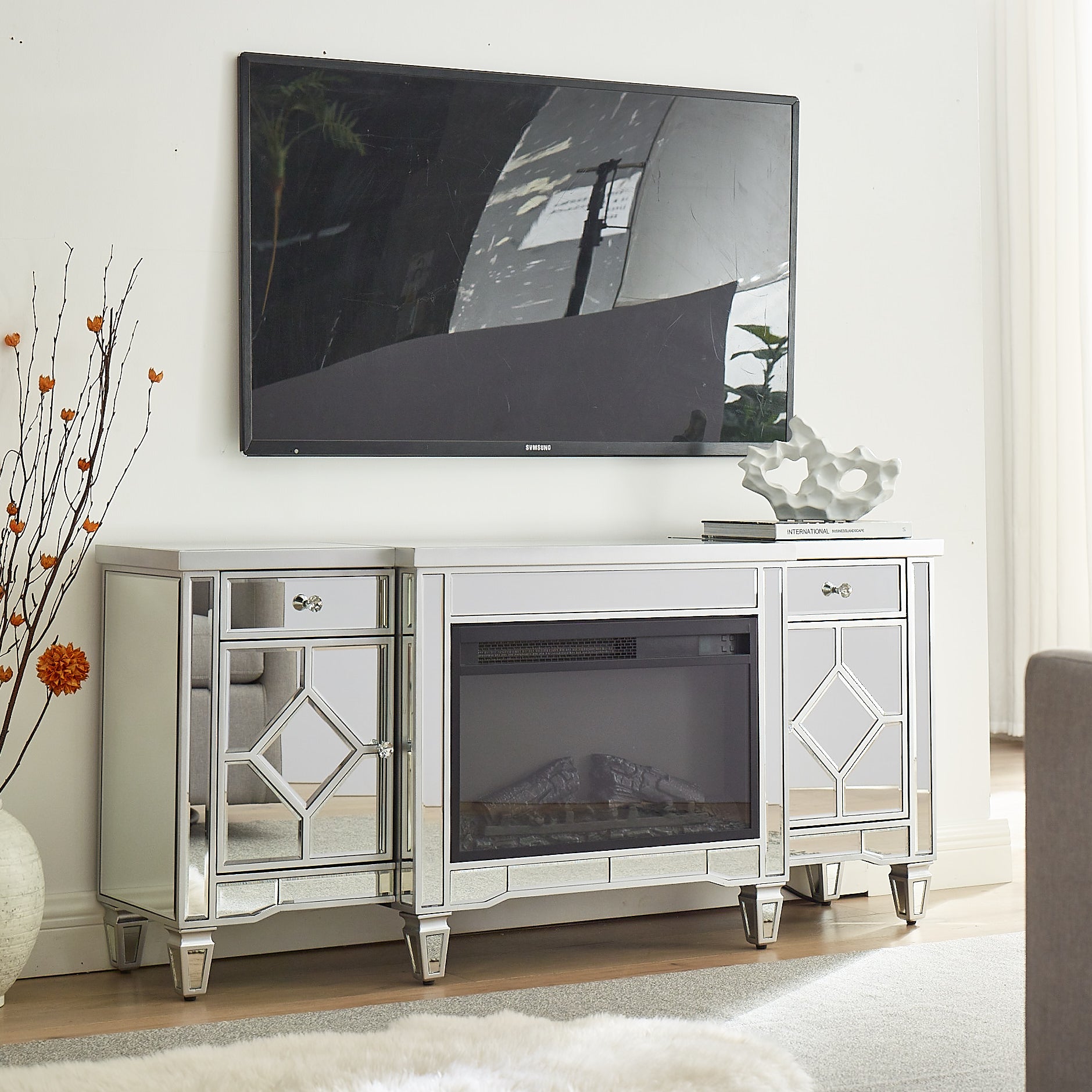 W 57" X D 15 " X H 25.6" Flash Silver Combination Tv Fireplace Cabinet Powder Coated Up To 40 Electric Yes Silver 400 Natural Vent Dining Room American Design Yes Insert Mdf Glass Electric