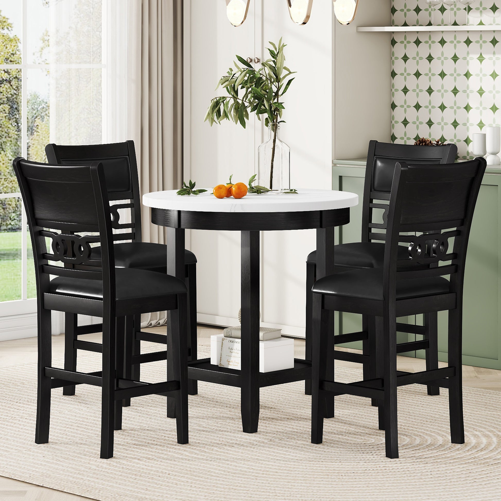 5 Piece Counter Height Dining Round Table Set With One Faux Marble Top Dining Table And Four Pu Leather Chairs,Dark Espresso Espresso Mdf