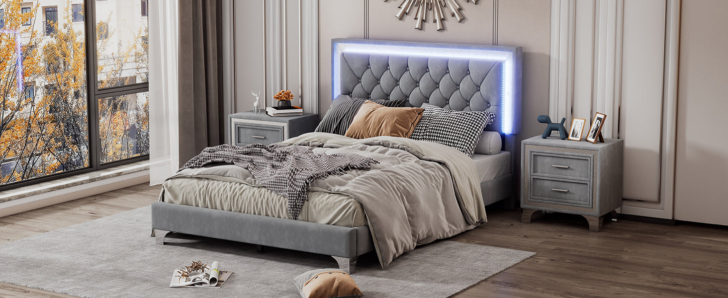 Full Size Upholstered Bed Frame With Led Lights,Modern Velvet Platform Bed With Tufted Headboard,Gray Gray Velvet