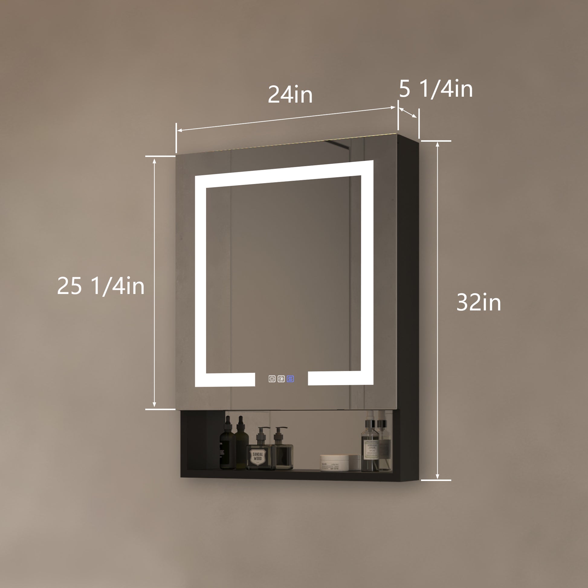 Lighted Medicine Cabinet 24 X 32 Inch, Recessed Or Surface,Clock, Room Temp Display,Defog,Night Light,Stepless Dimming,3000K 6400K, Outlets & Usbs,Hinge On The Right . With External Storage Shelf. Black Aluminium