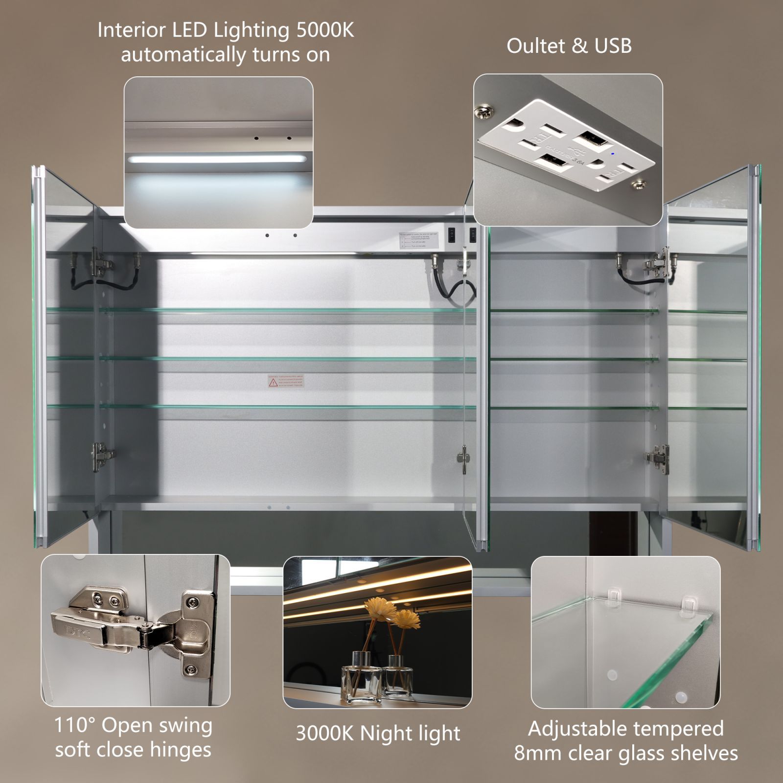 Lighted Medicine Cabinet 48 X 32 Inch, Recessed Or Surfaceclock, Room Temp Display,Defog,Night Light,Stepless Dimming,3000K 6400K, Outlets & Usbs,Double Sided Mirror.Silver External Storage Shelf. Silver Aluminium