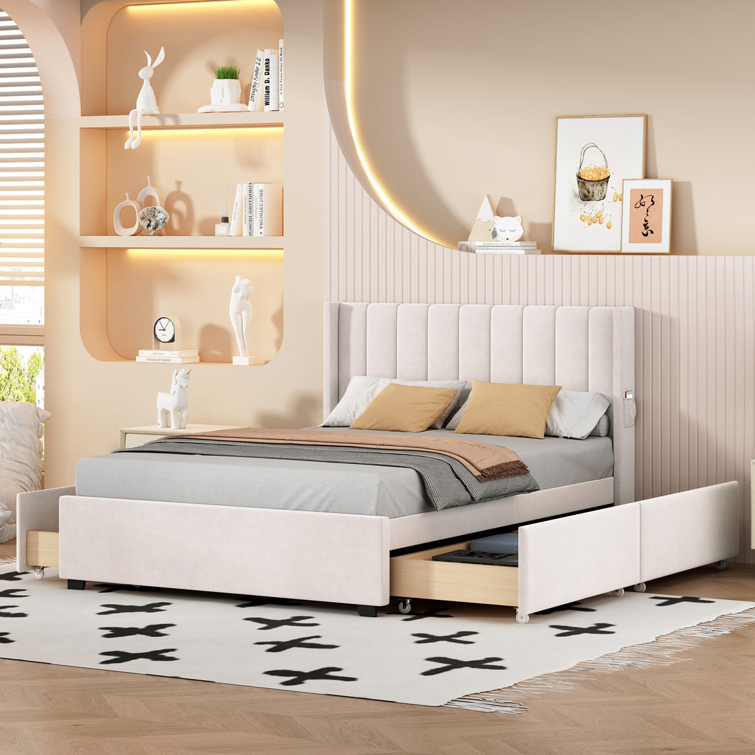 Full Size Upholstered Bed with 4 Drawers, Beige beige-velvet
