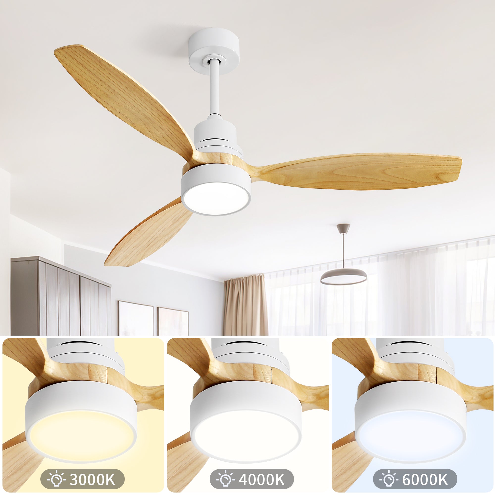 52 Inch Indoor Modern Ceiling Fan White 3 Solid
