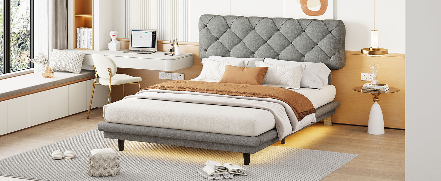 Full Size Upholstered Bed With Light Stripe, Floating Platform Bed, Linen Fabric,Gray Full Gray Linen