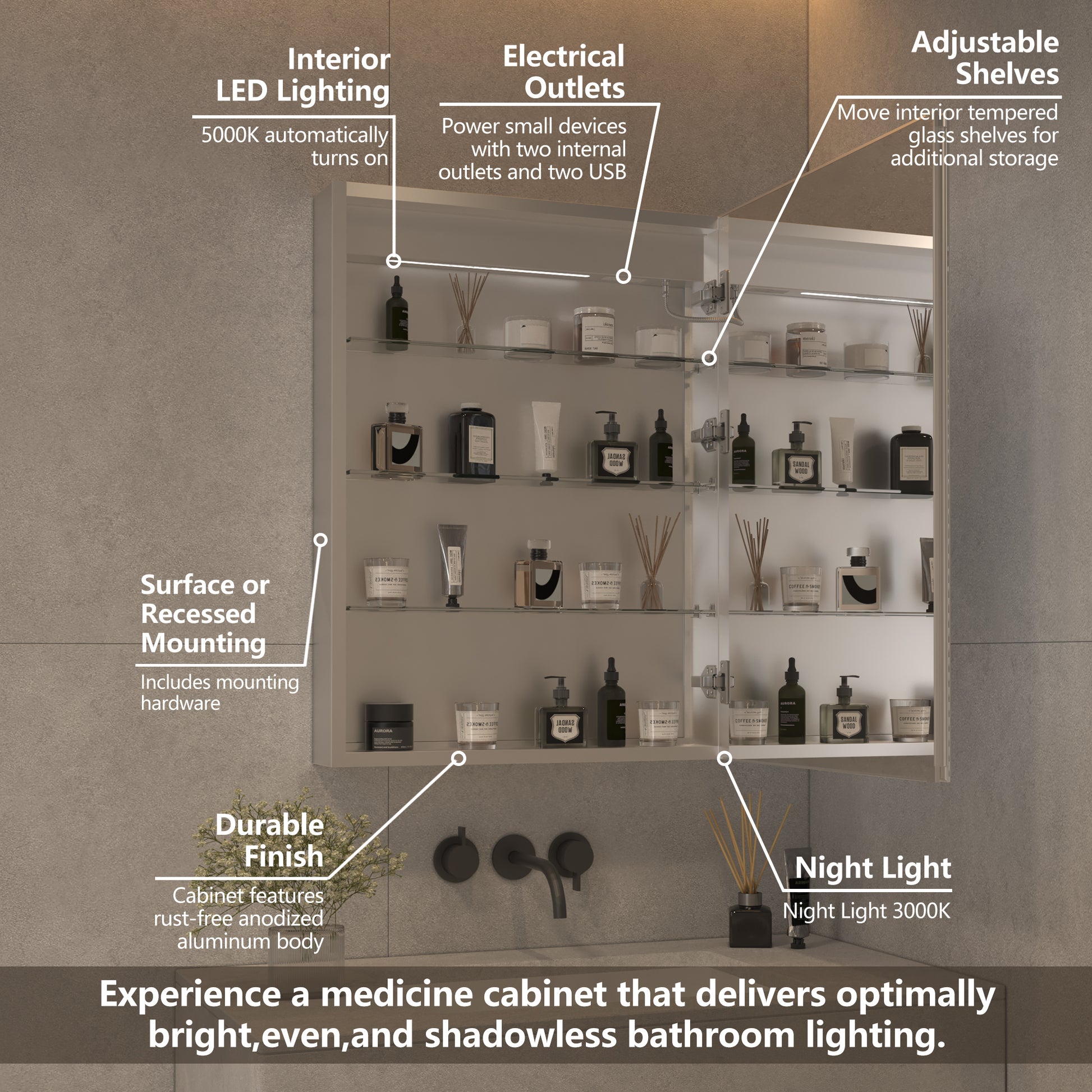 Lighted Medicine Cabinet 24 X 32 Inch, Recessed Or Surface Led Medicine Cabinet, Clock, Room Temp Display,Defog,Night Light,Stepless Dimming,3000K 6400K, Outlets & Usbs,Hinge On The Right. Silver Aluminium