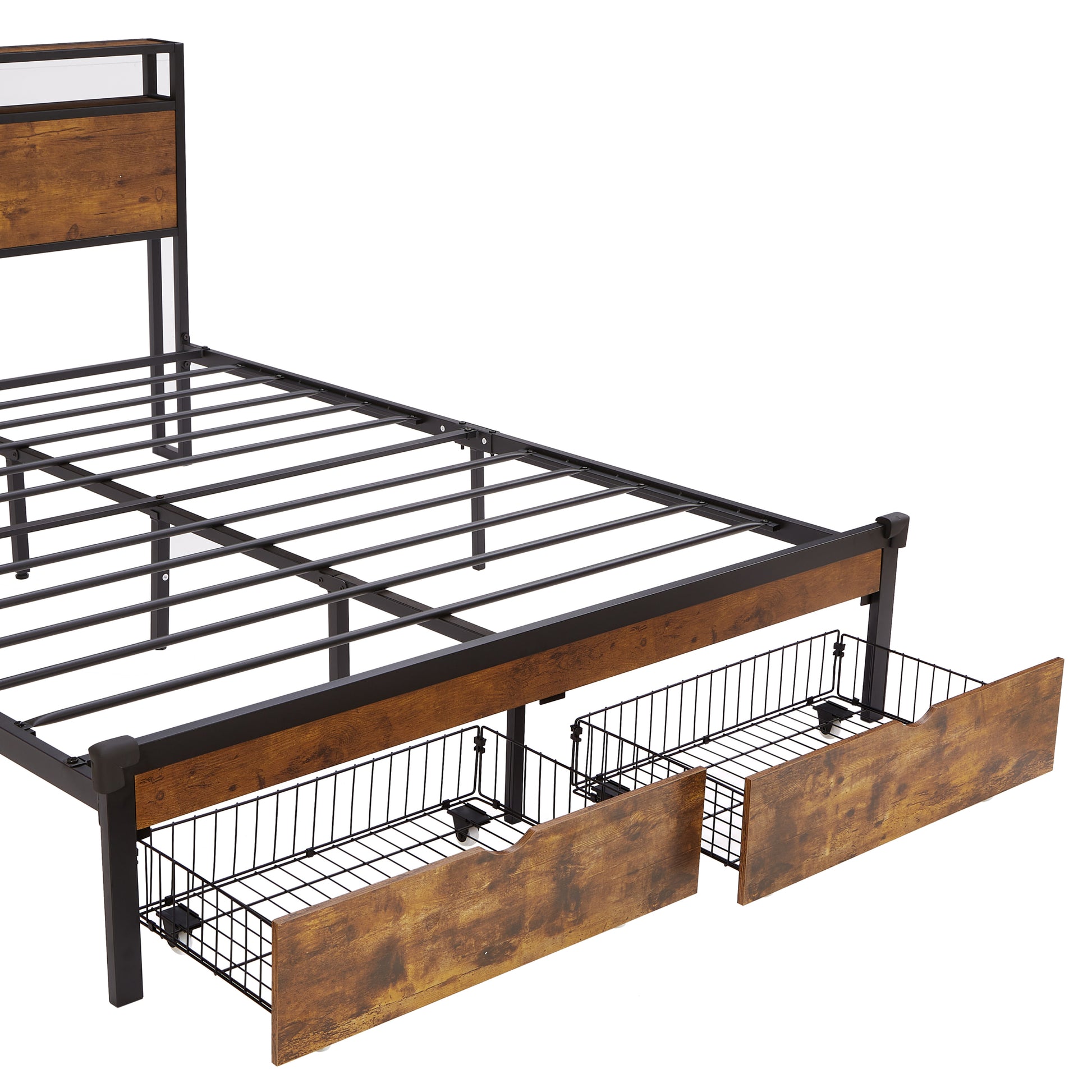 Full Size Metal Platform Bed Frame With Wooden Headboard And Footboard With Usb,Charging Station,2 Drawers,Led Lights, No Box Spring Needed, Easy Assemble Full Brown Black Mdf Metal