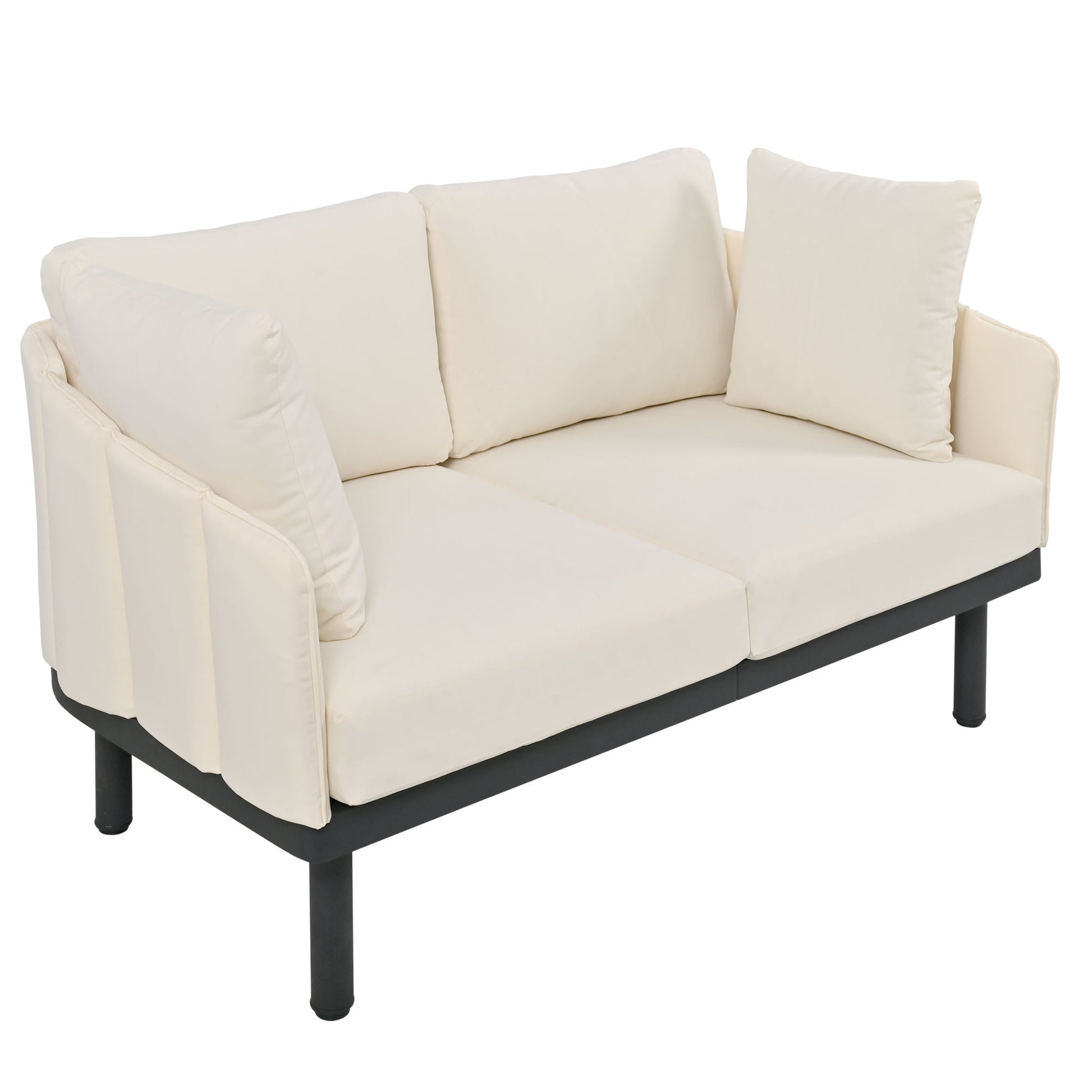 Luxury Modern 4 Piece Outdoor Iron Frame Conversation Set, Patio Chat Set With Acacia Wood Round Coffee Table For Backyard, Deck, Poolside, Indoor Use, Loveseat Arm Chairs, Beige Yes Sectional Beige Weather Resistant Frame Water Resistant Cushion Garden