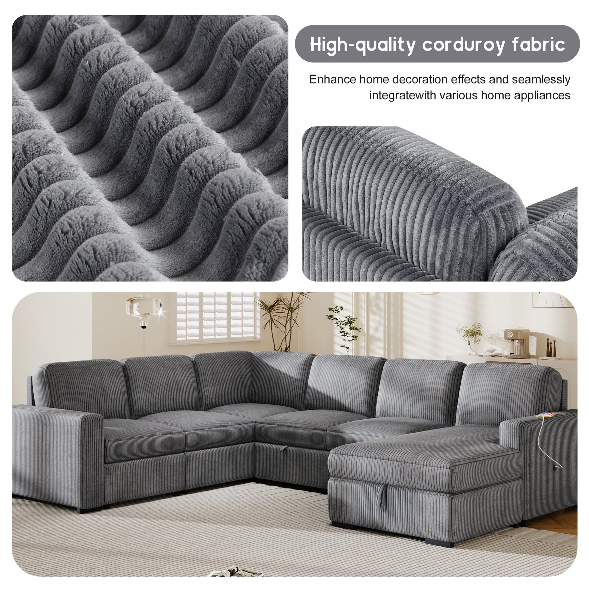 U Shaped Corduroy Combination Corner Sofa With Storage Lounge Chair, 6 Seater Oversized Sofa, With Usb Interfaces,Suitable For Living Room, Office, And Spacious Space Gray Polyester 6 Seat