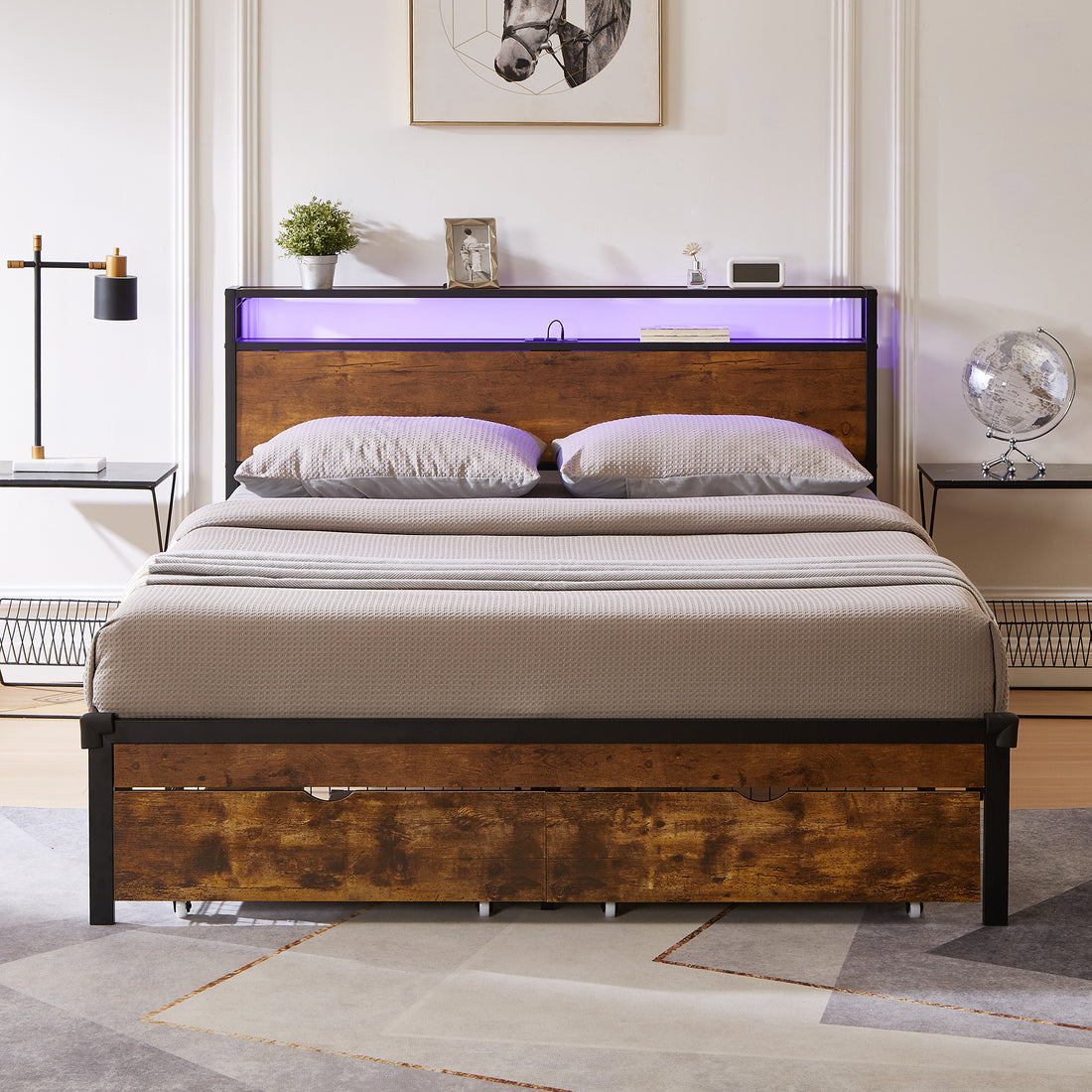 Full Size Metal Platform Bed Frame With Wooden Headboard And Footboard With Usb,Charging Station,2 Drawers,Led Lights, No Box Spring Needed, Easy Assemble Full Brown Black Mdf Metal