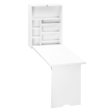 Wall Mounted Fold Out Convertible Desk, Multi Function Floating Desk With Storage Shelf For Home Office, White White Mdf