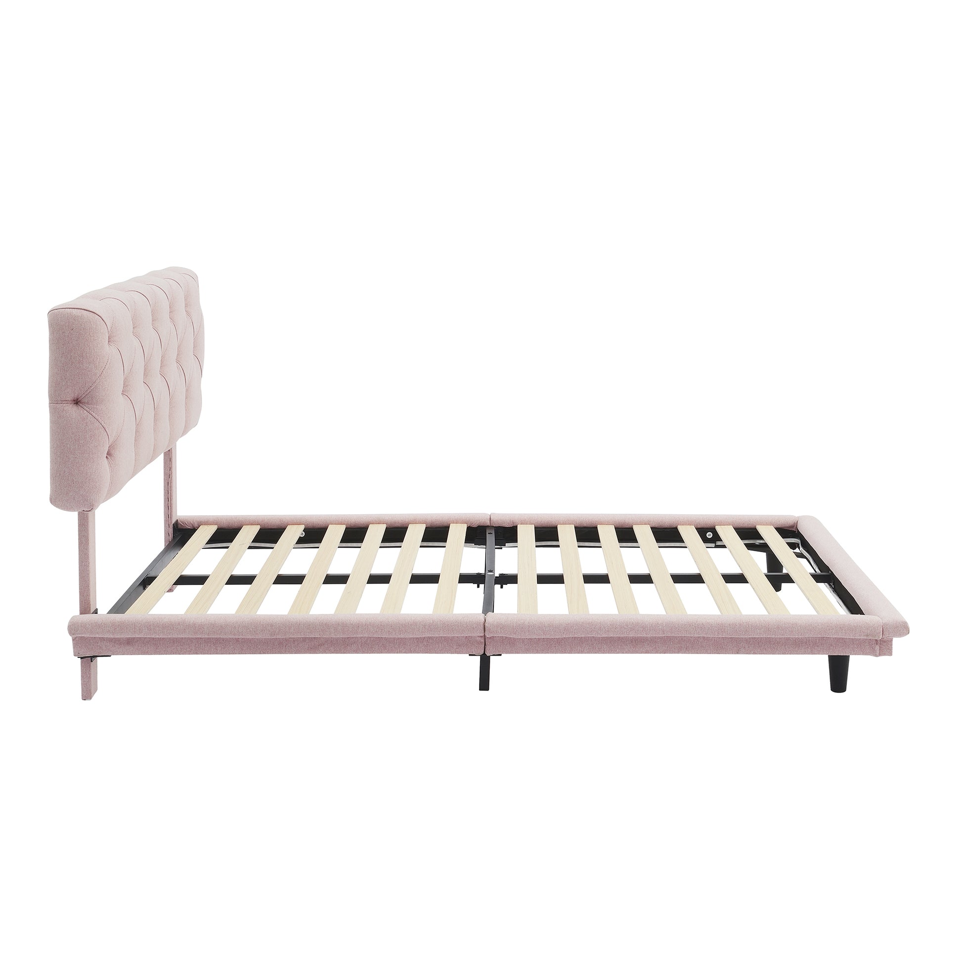 Full Size Upholstered Bed With Light Stripe, Floating Platform Bed, Linen Fabric,Pink Full Pink Linen