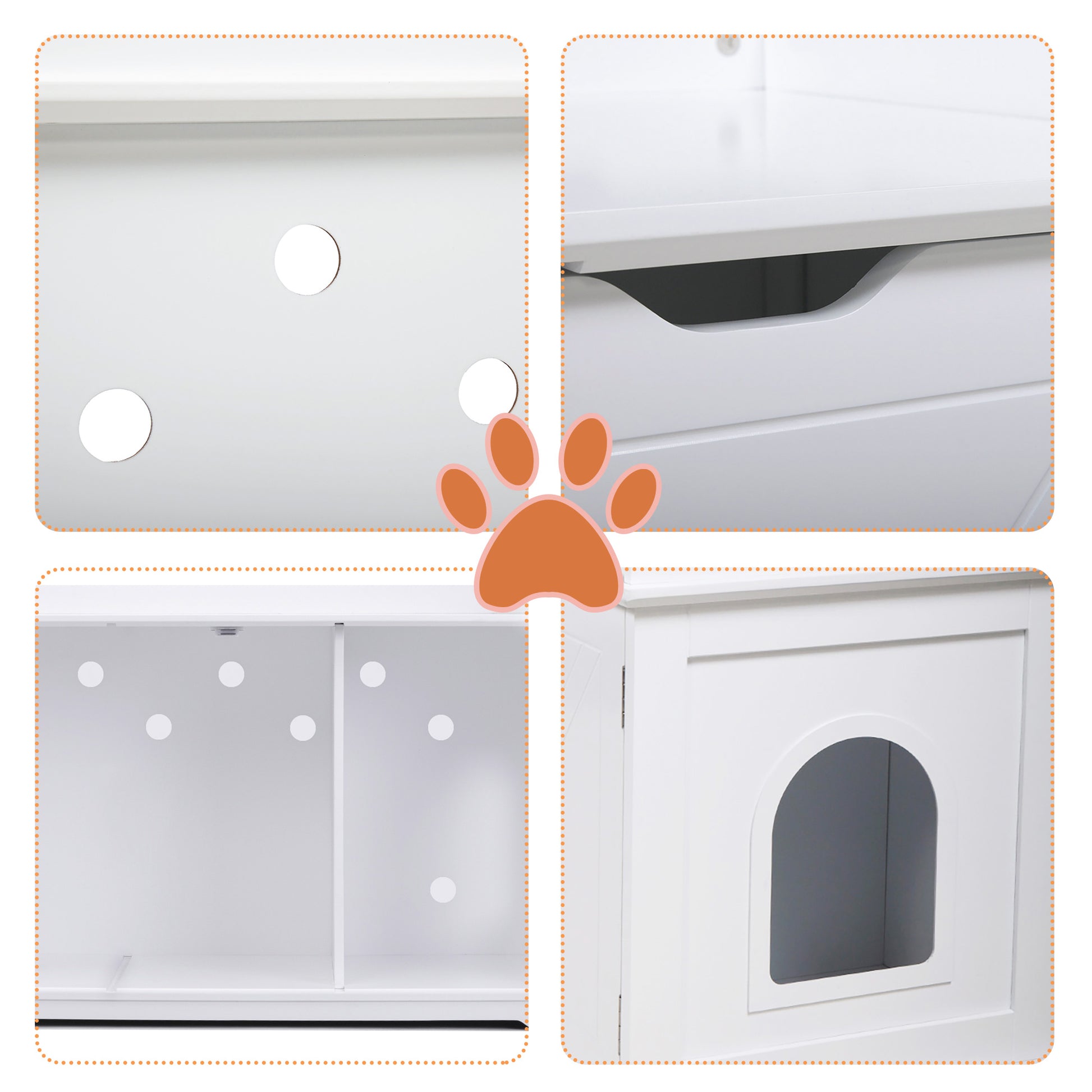 Cat Washroom Bench, Wood Litter Box Cover With Spacious Inner, Ventilated Holes, Removable Partition, Easy Access, White White Mdf