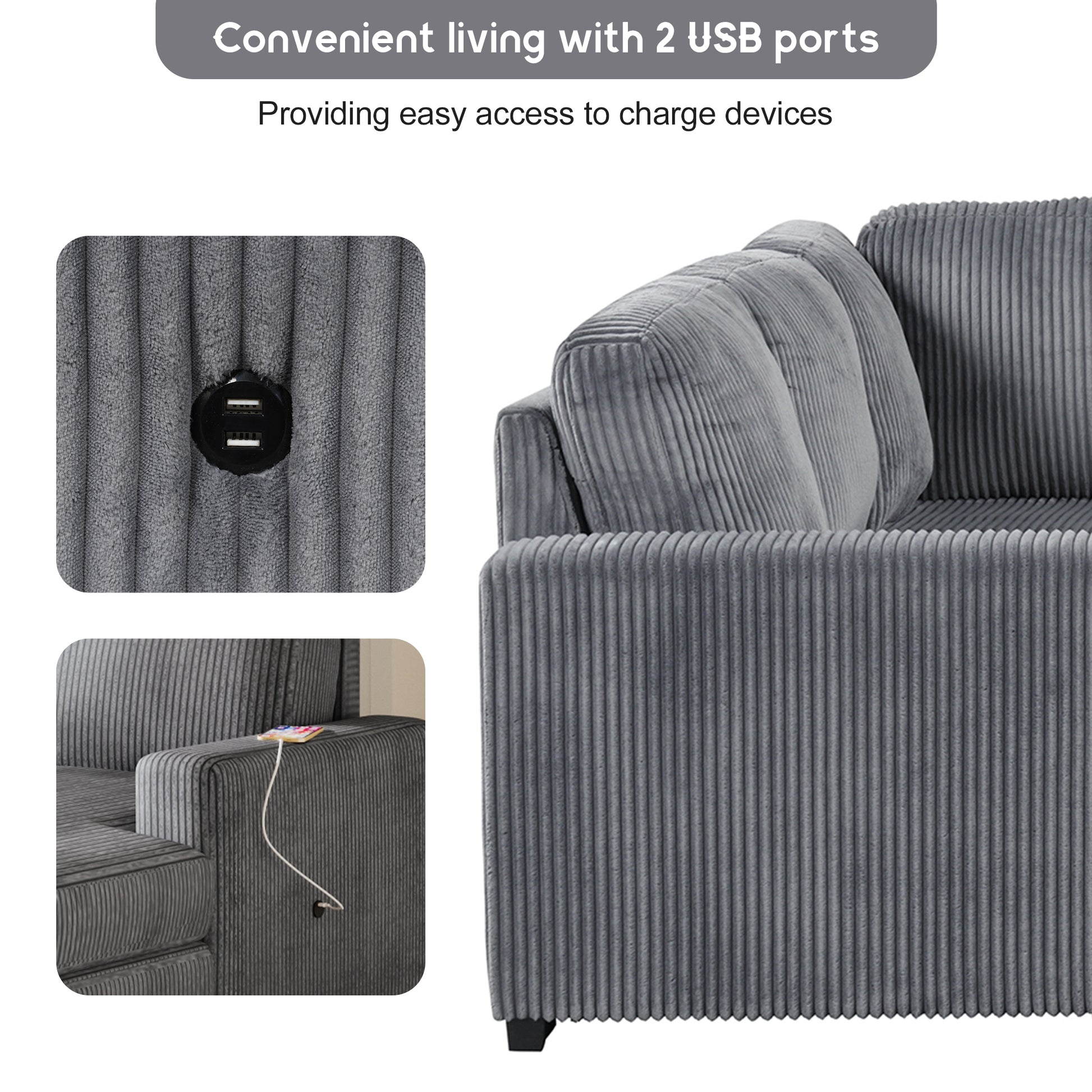 U Shaped Corduroy Combination Corner Sofa With Storage Lounge Chair, 6 Seater Oversized Sofa, With Usb Interfaces,Suitable For Living Room, Office, And Spacious Space Gray Polyester 6 Seat