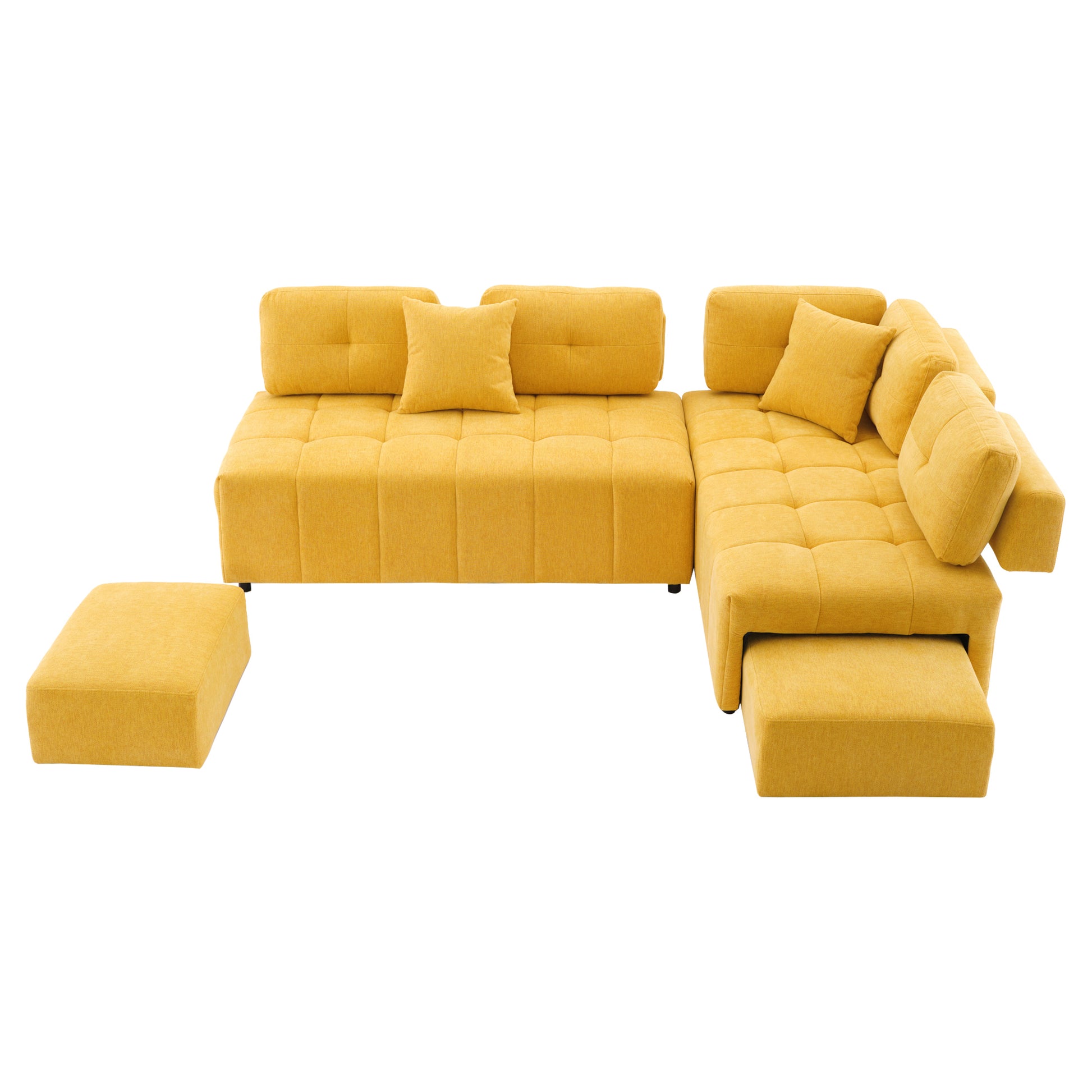 91.73" L Shaped Sofa Sectional Sofa Couch With 2 Stools And 2 Lumbar Pillows For Living Room, Yellow Yellow Chenille